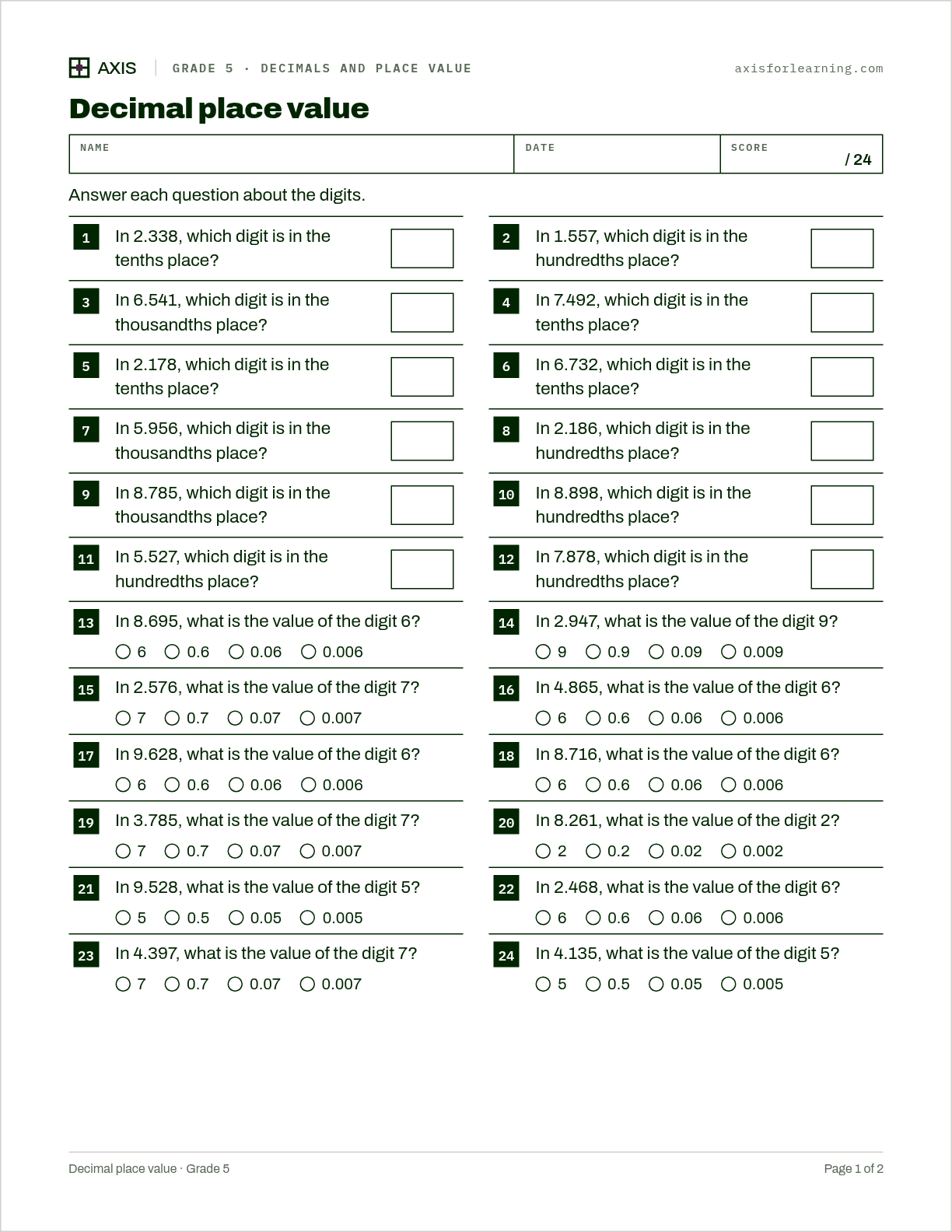 Decimal place value: first page of the printable worksheet