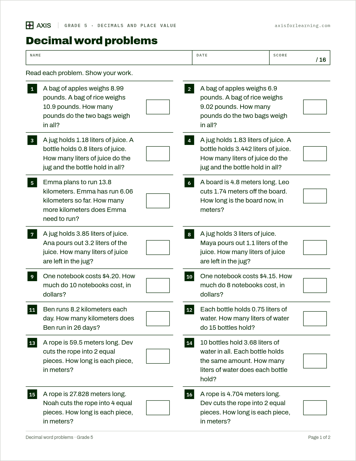 Decimal word problems: first page of the printable worksheet