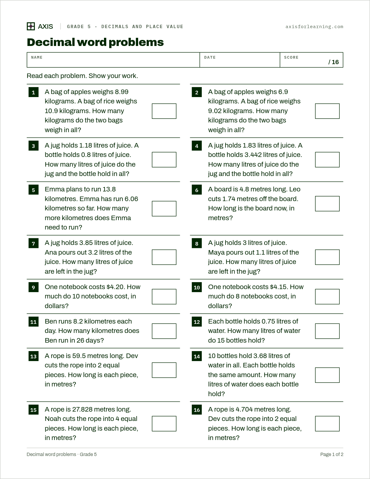 Decimal word problems: first page of the printable worksheet