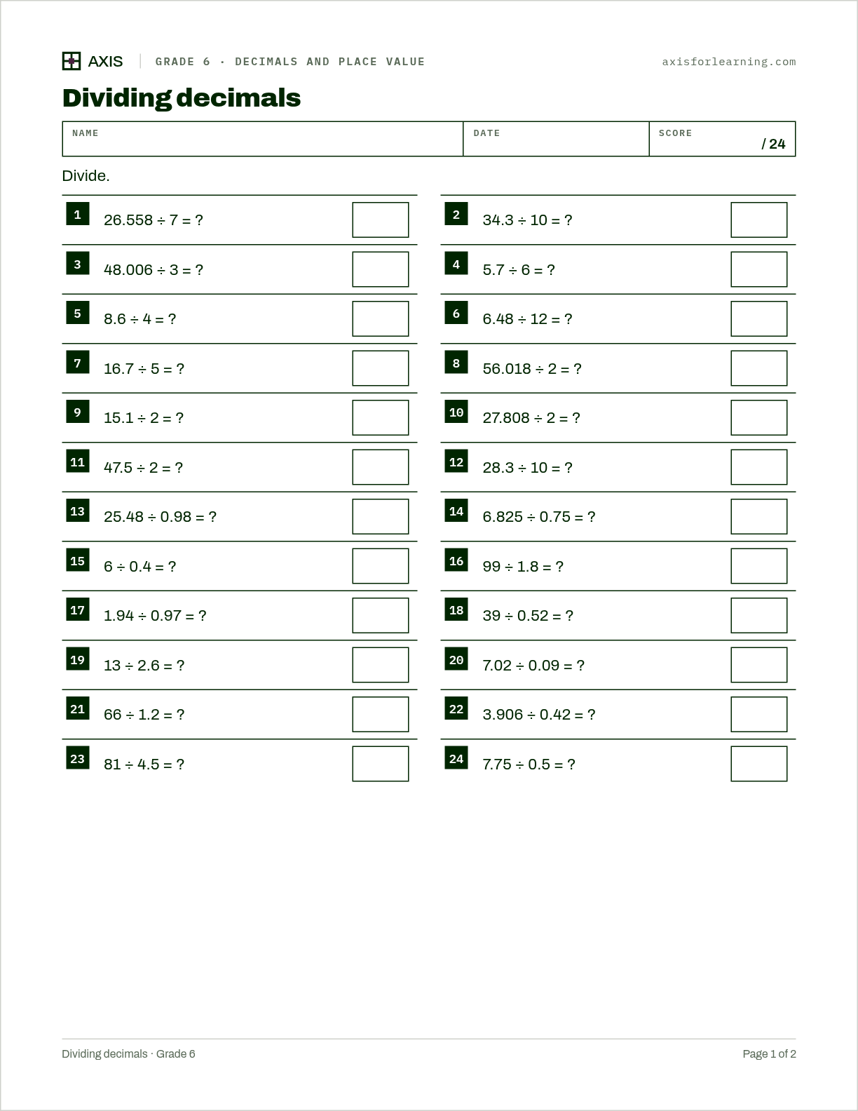 Dividing decimals: first page of the printable worksheet