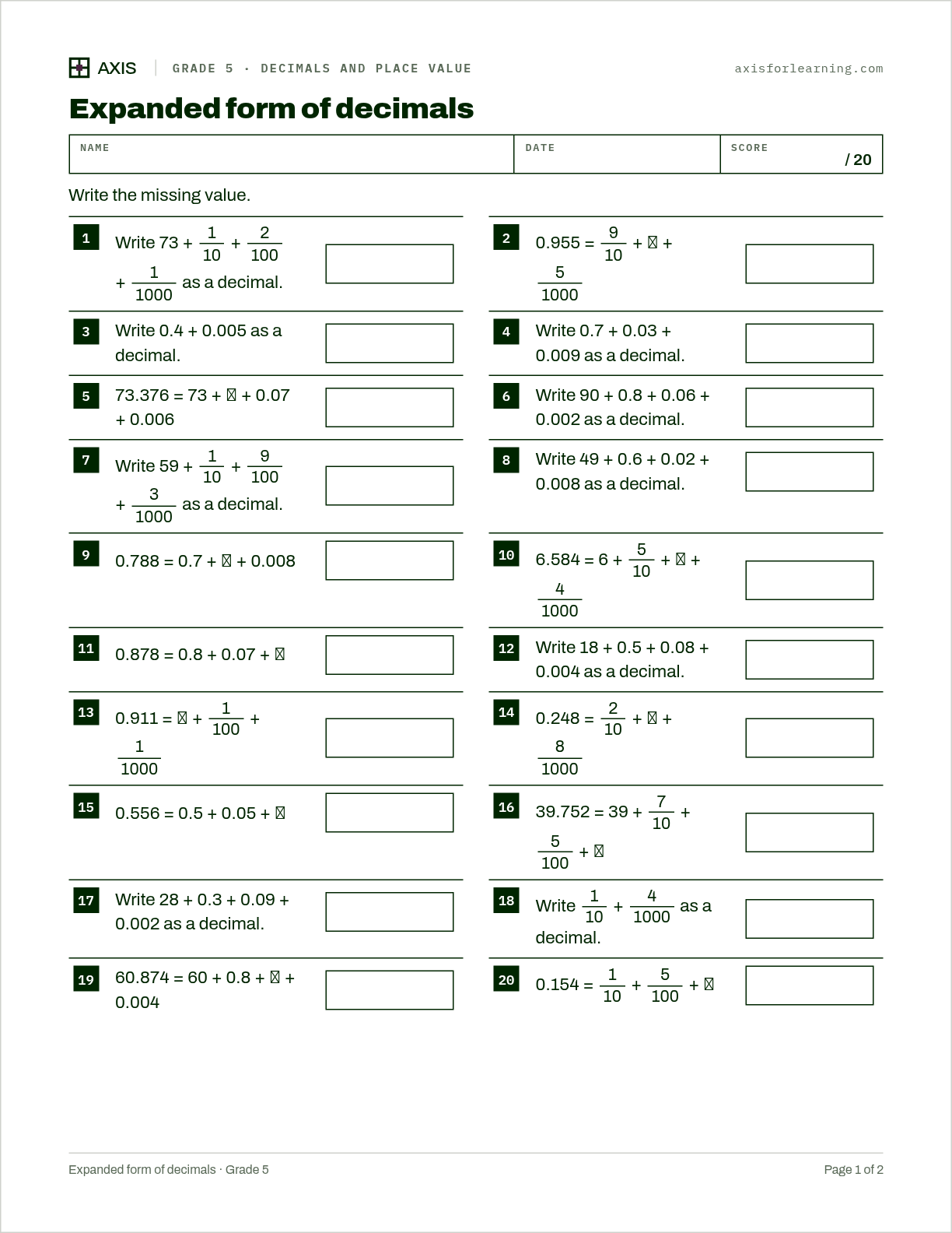 Expanded form of decimals: first page of the printable worksheet