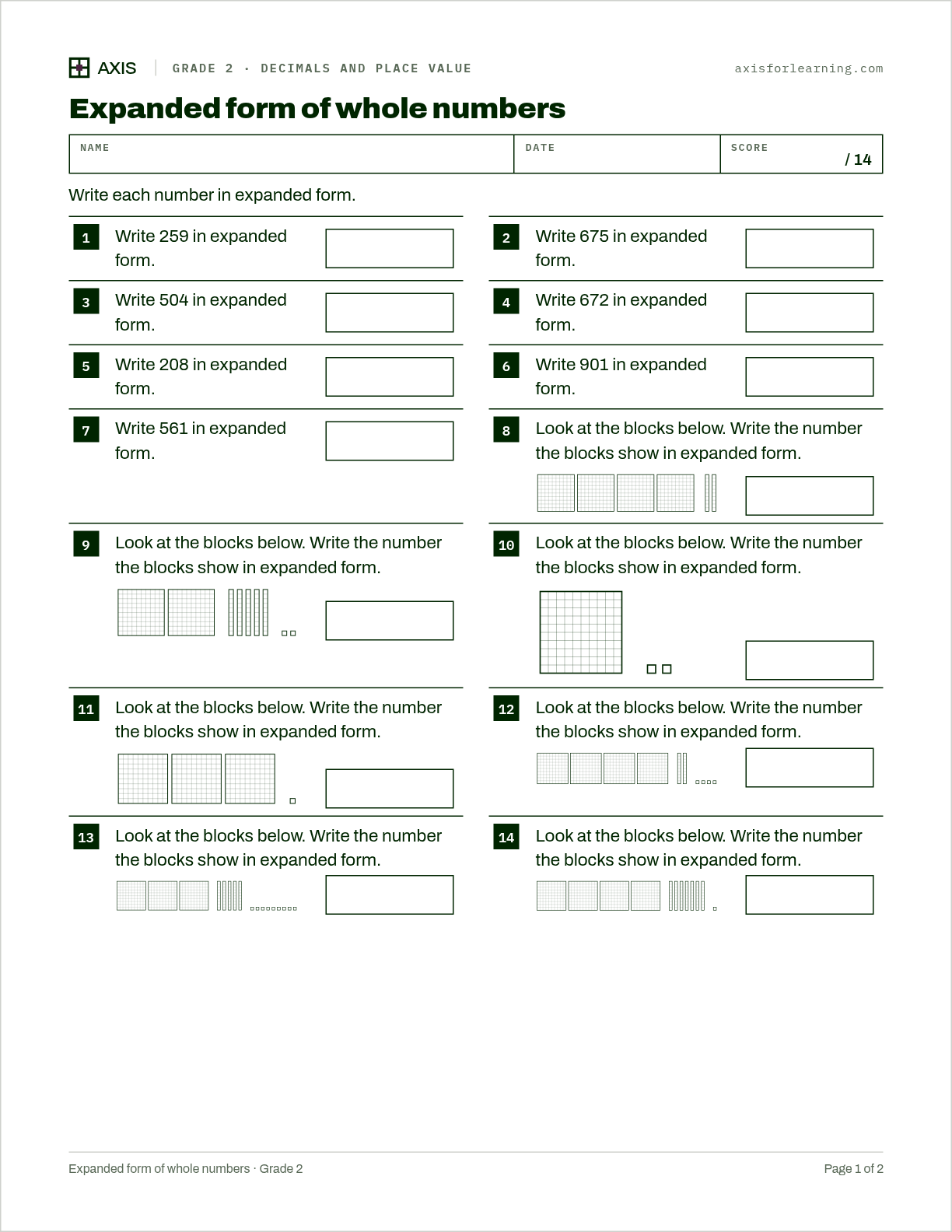 Expanded form of whole numbers: first page of the printable worksheet