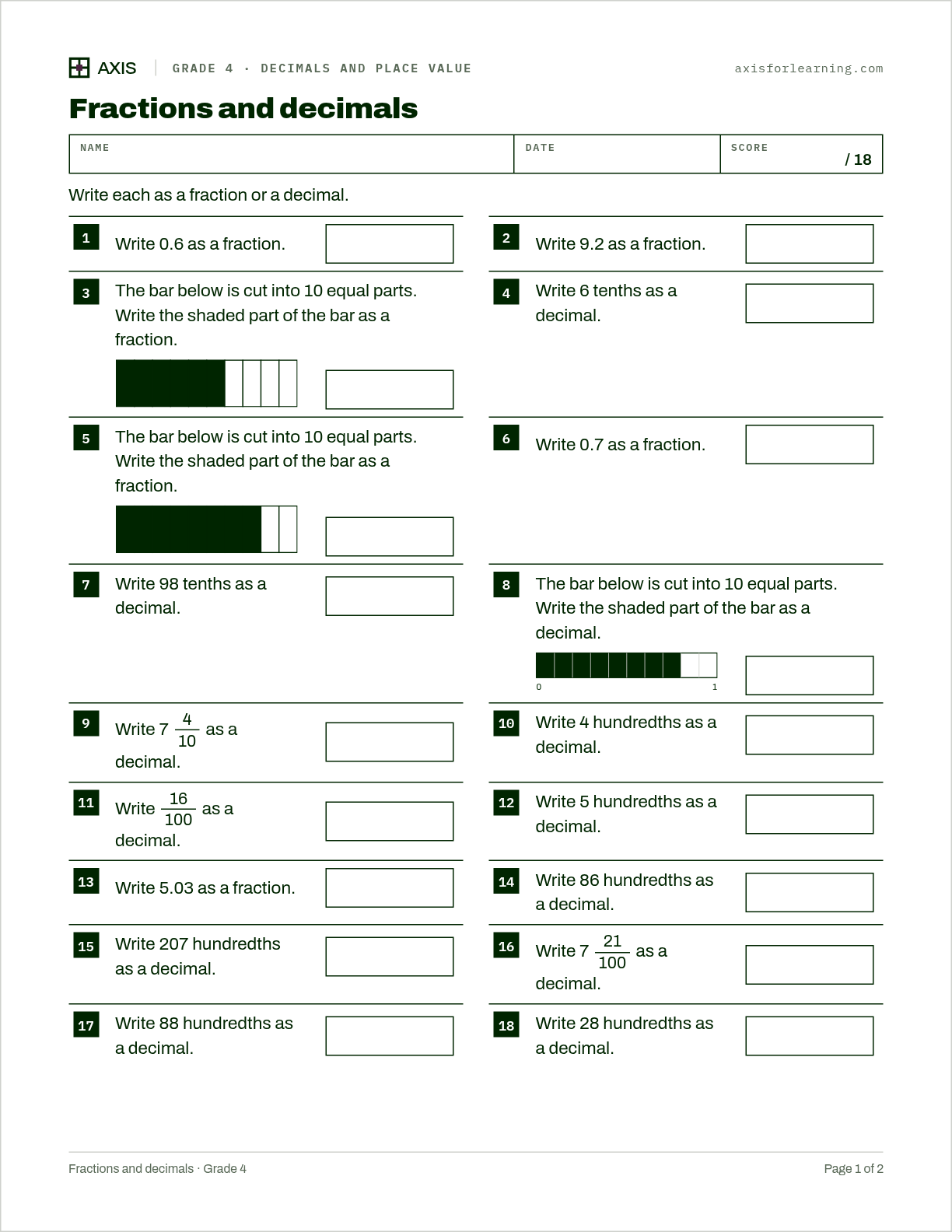 Fractions and decimals: first page of the printable worksheet
