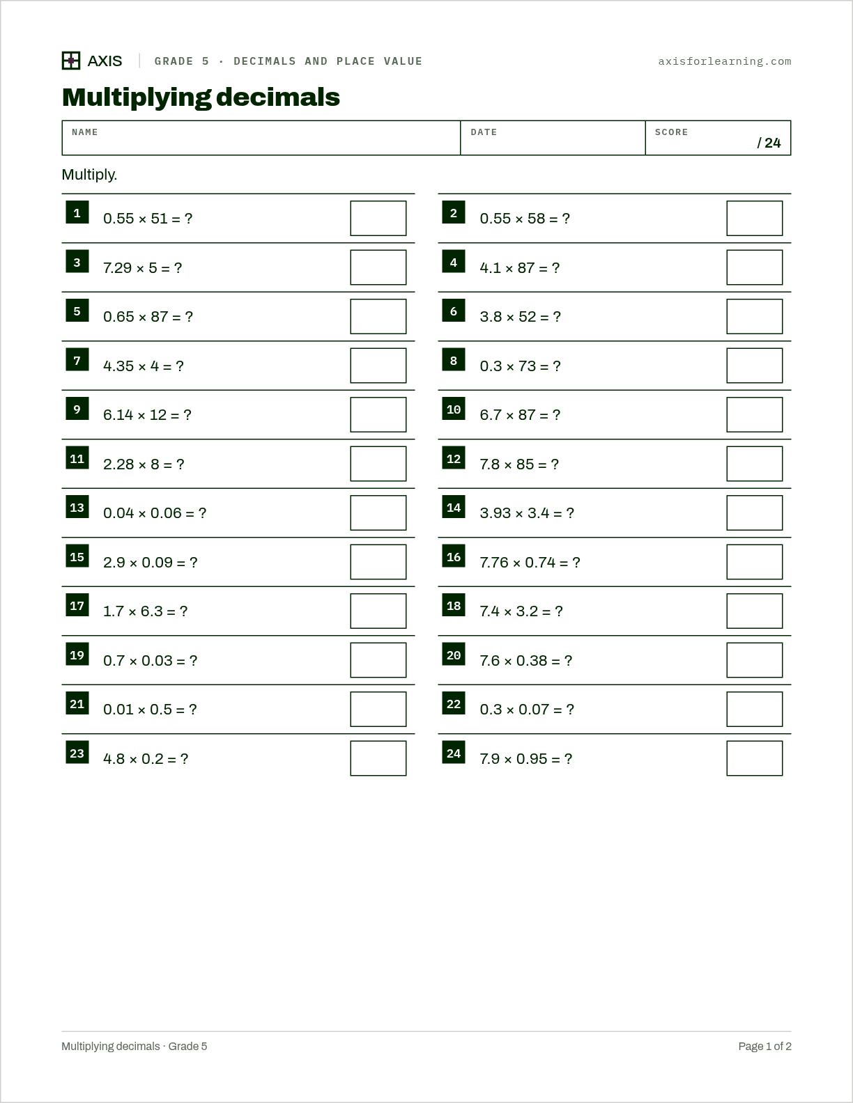Multiplying decimals: first page of the printable worksheet