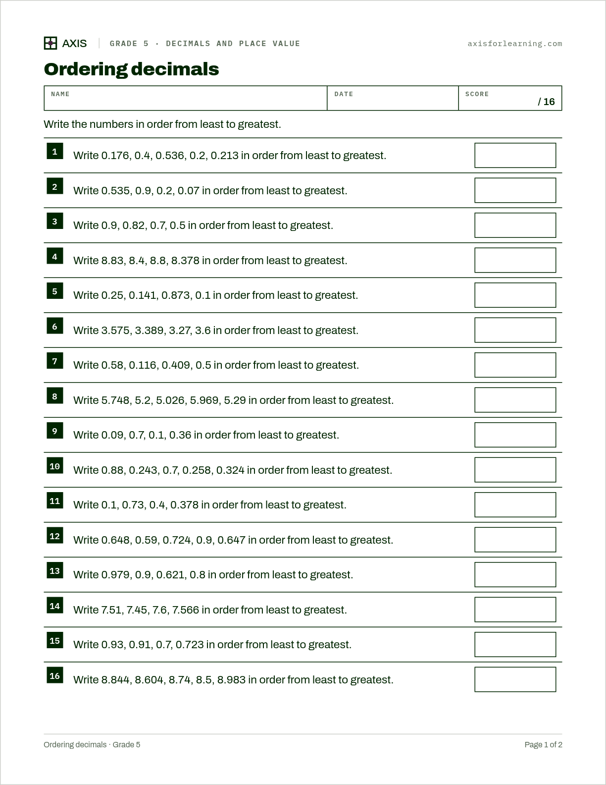 Ordering decimals: first page of the printable worksheet