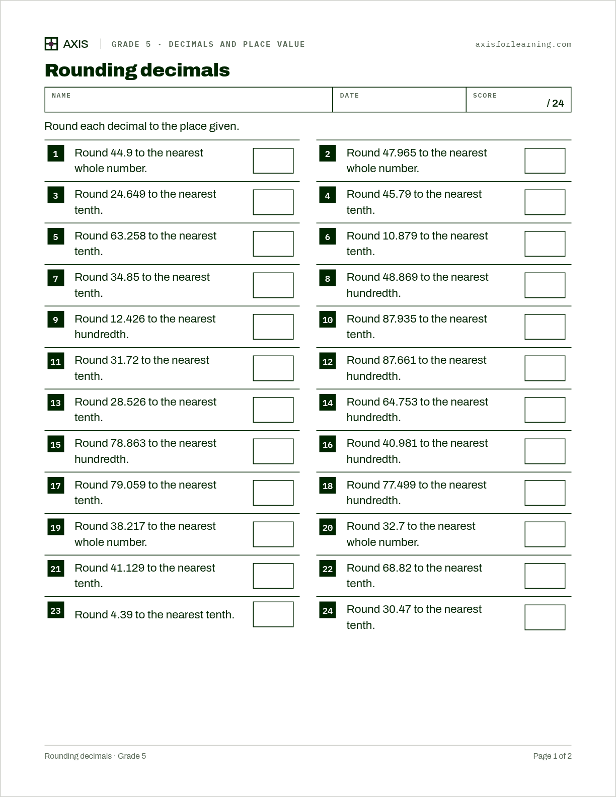 Rounding decimals: first page of the printable worksheet