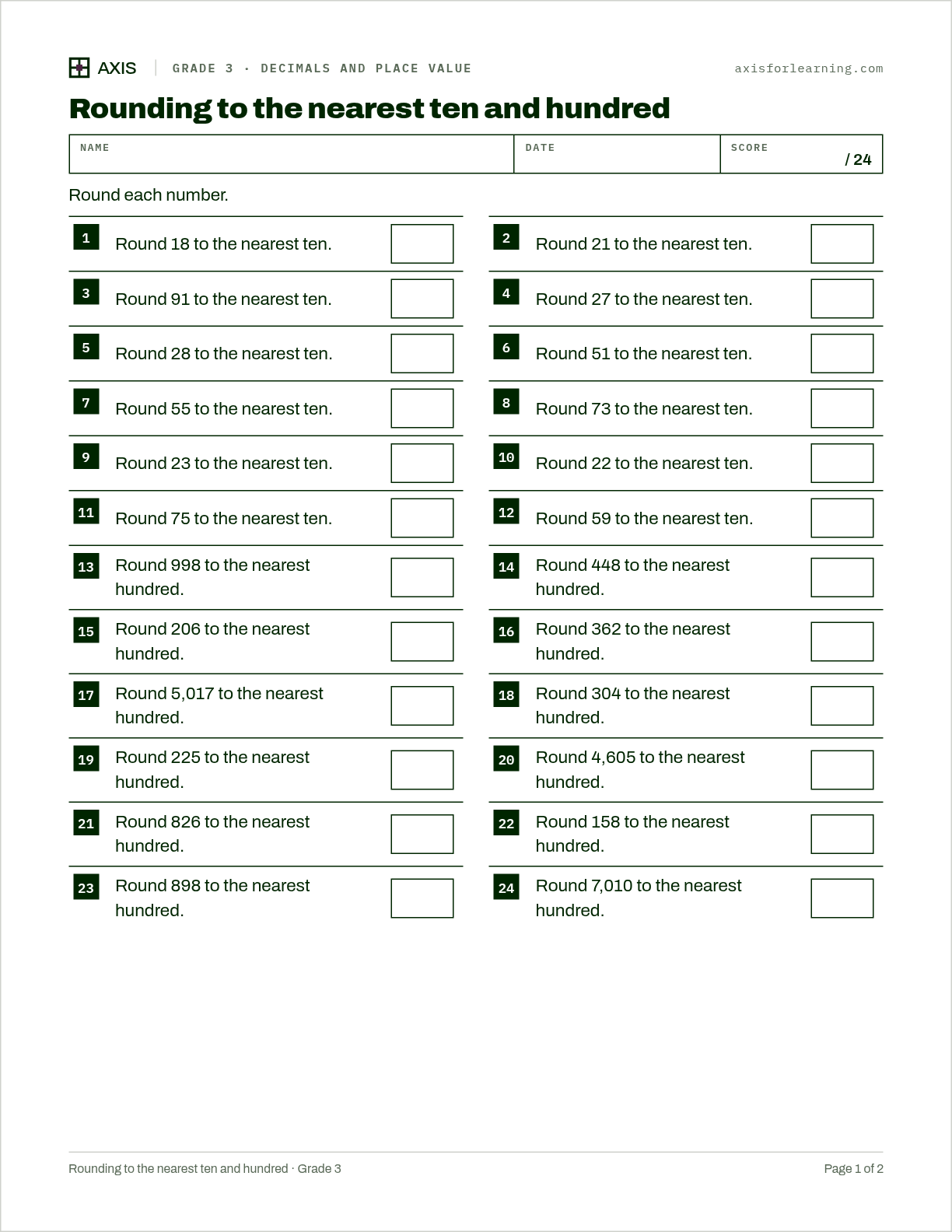 Rounding to the nearest ten and hundred: first page of the printable worksheet