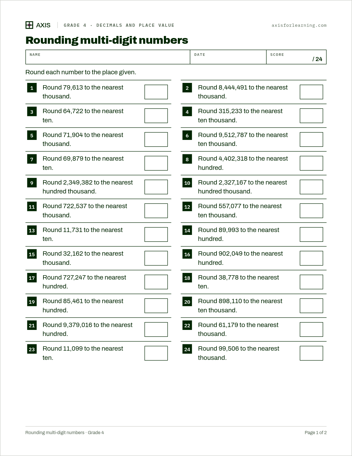 Rounding multi-digit numbers: first page of the printable worksheet