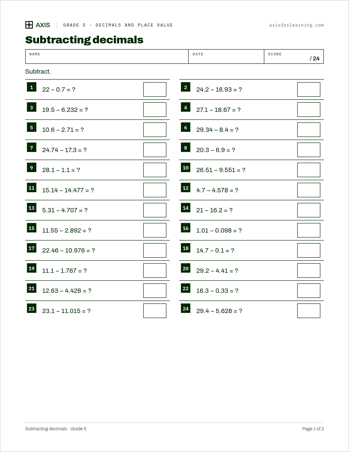 Subtracting decimals: first page of the printable worksheet