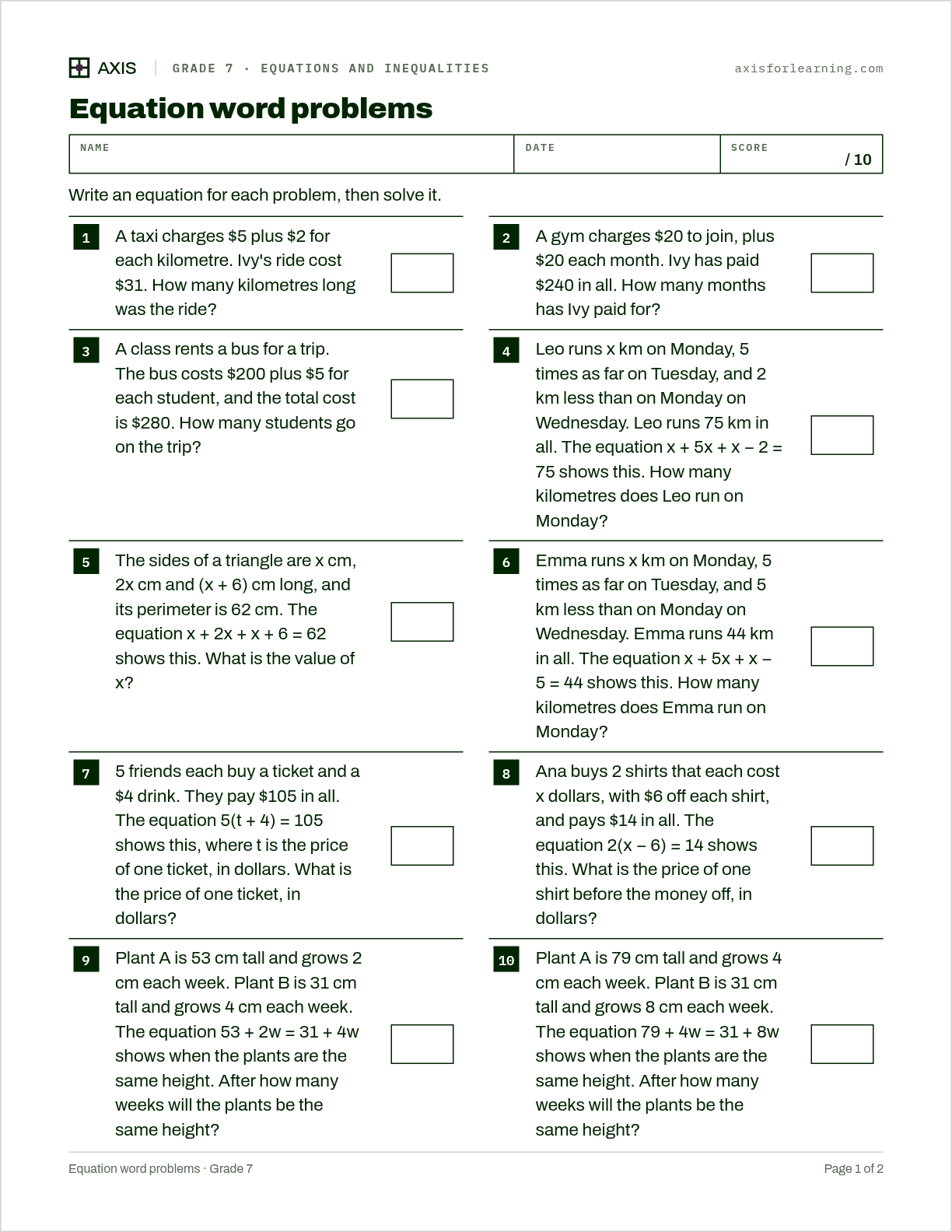 Equation word problems: first page of the printable worksheet