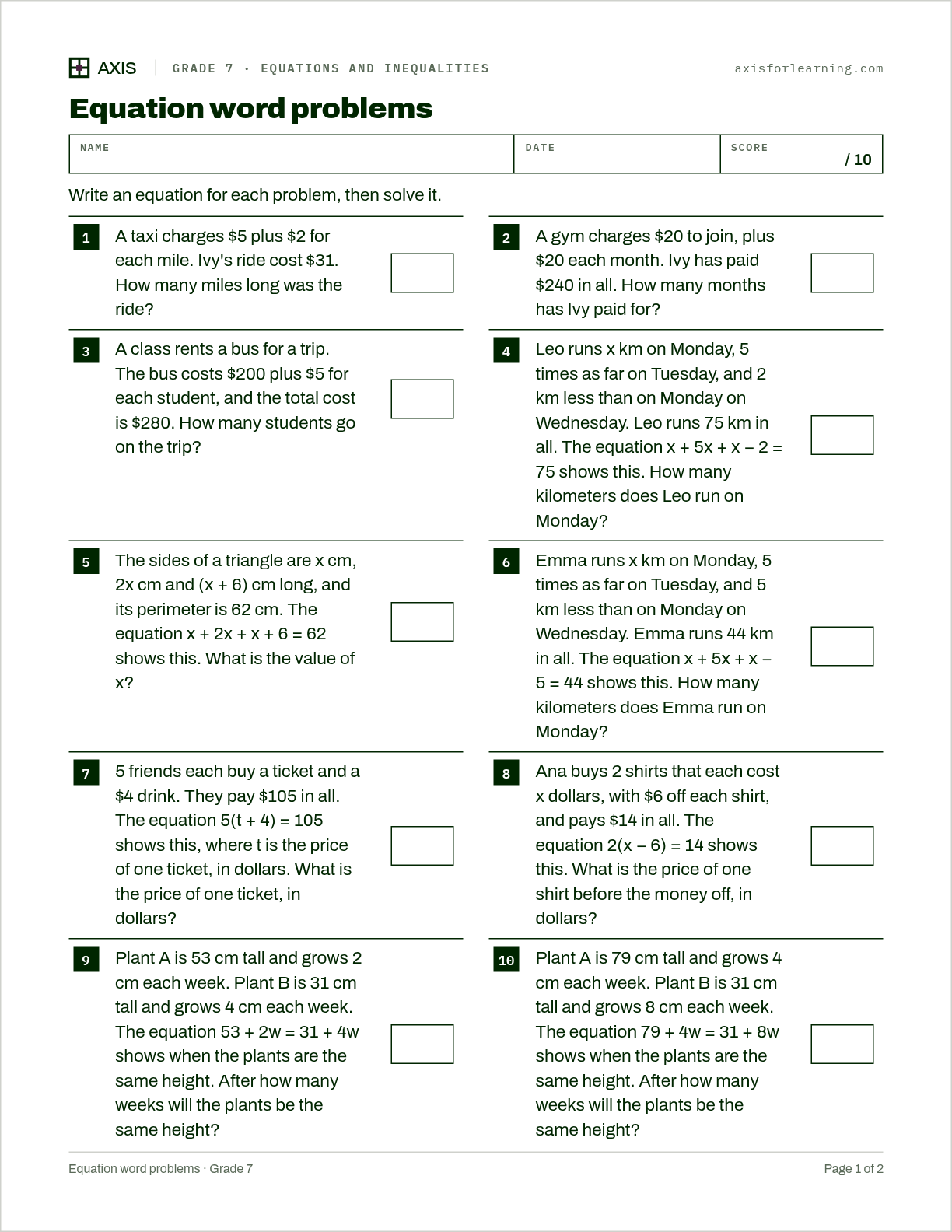 Equation word problems: first page of the printable worksheet