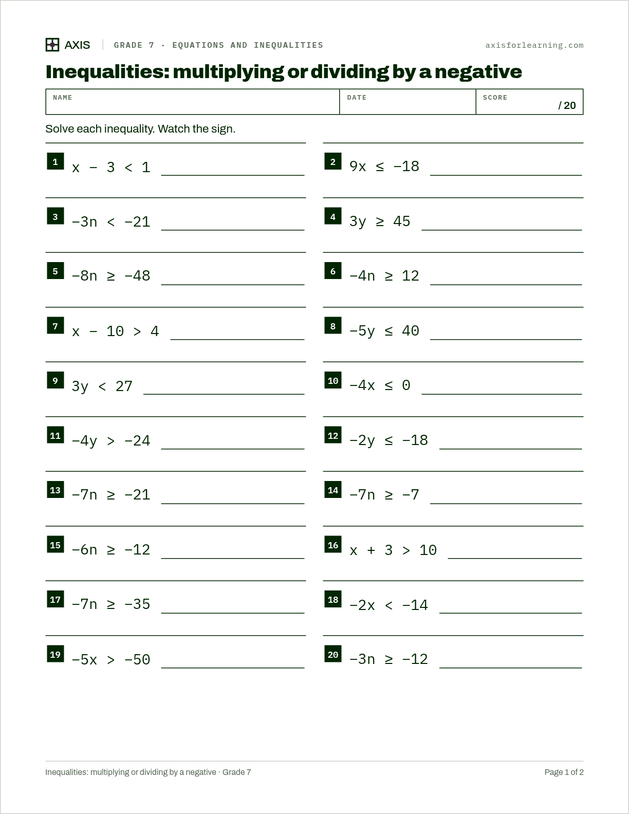 Inequalities: multiplying or dividing by a negative: first page of the printable worksheet