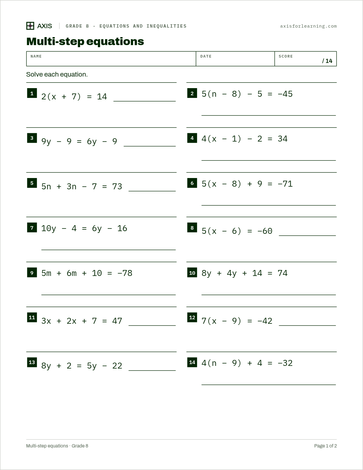 Multi-step equations: first page of the printable worksheet