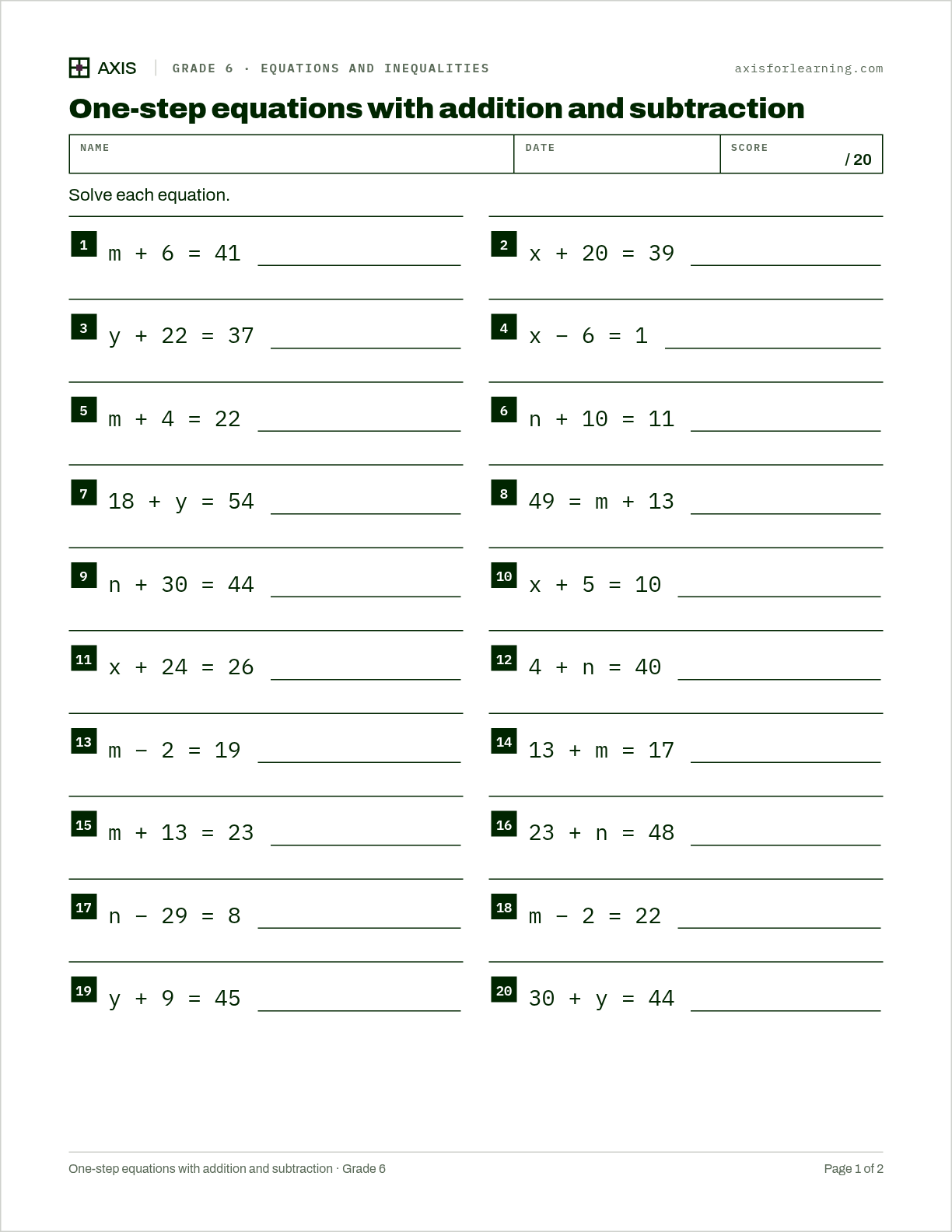 One-step equations with addition and subtraction: first page of the printable worksheet