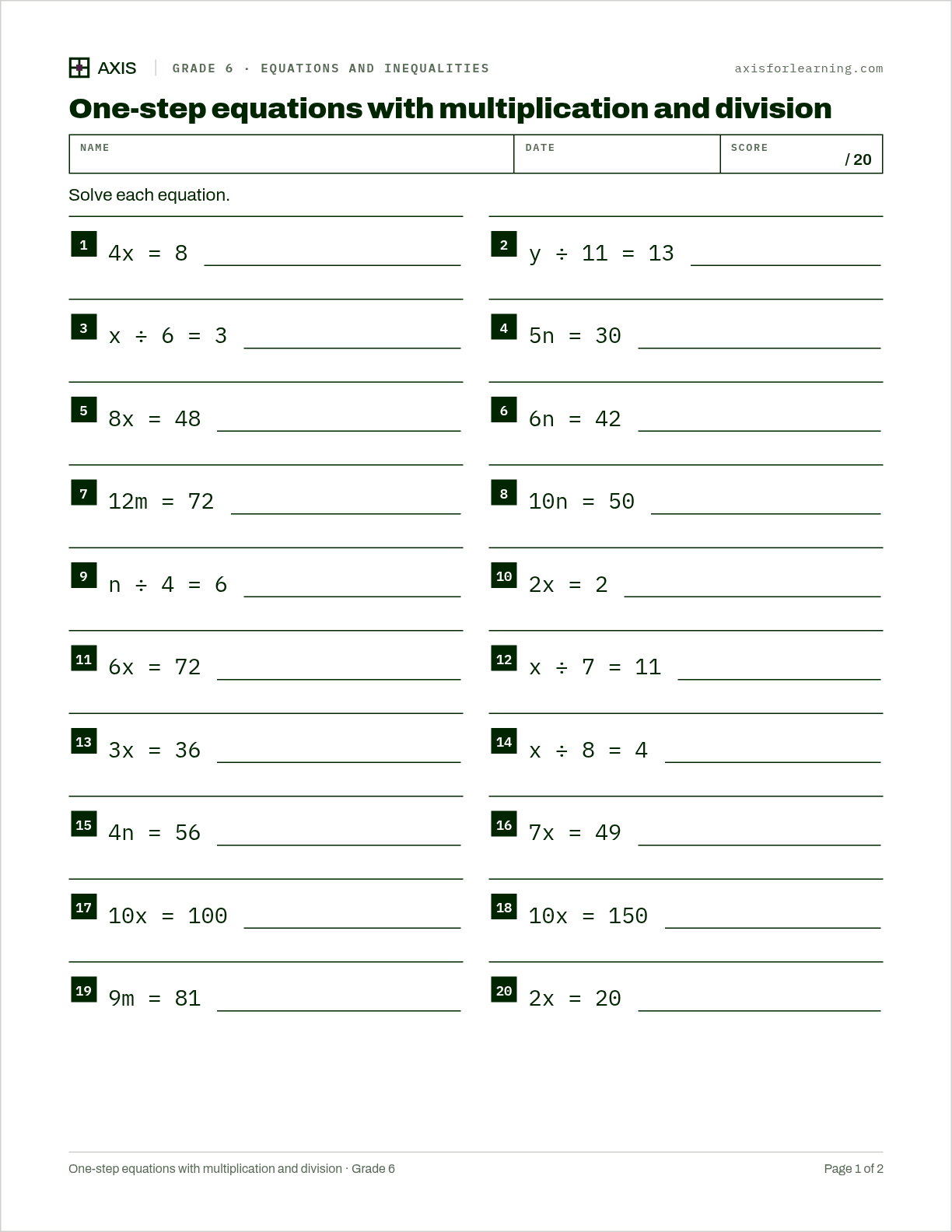 One-step equations with multiplication and division: first page of the printable worksheet