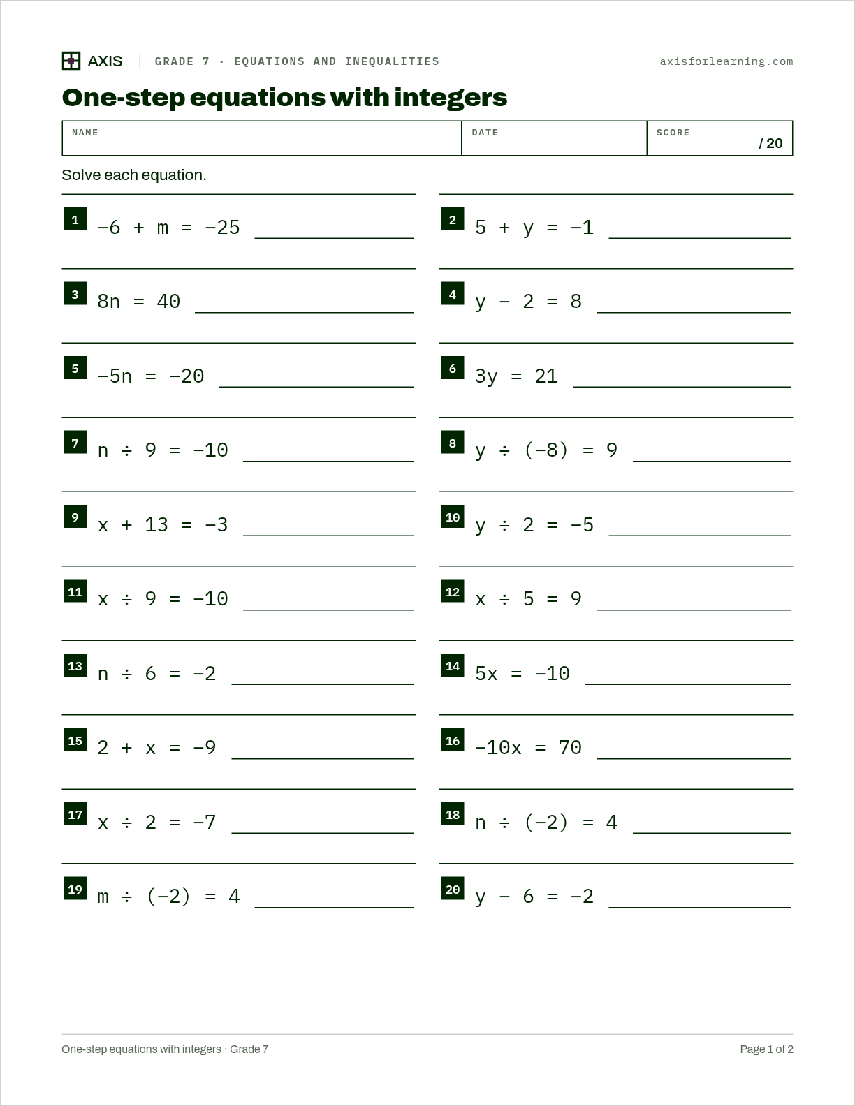 One-step equations with integers: first page of the printable worksheet