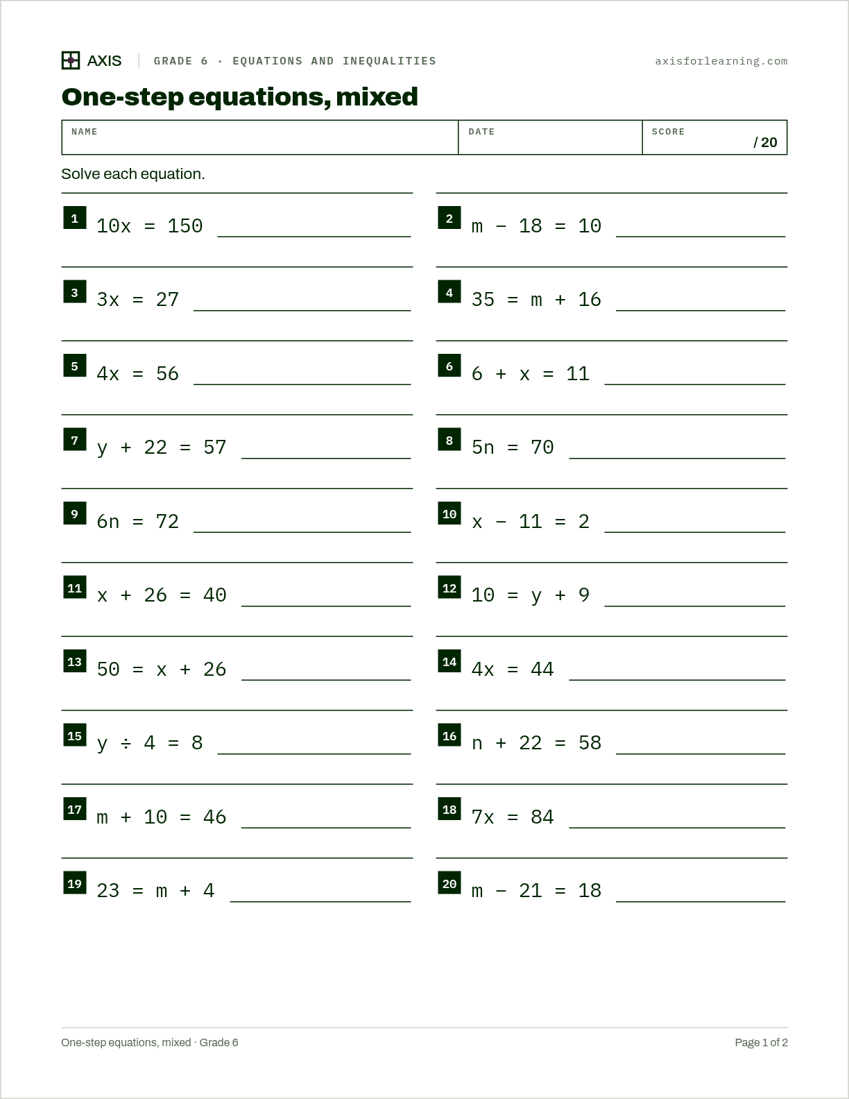 One-step equations, mixed: first page of the printable worksheet