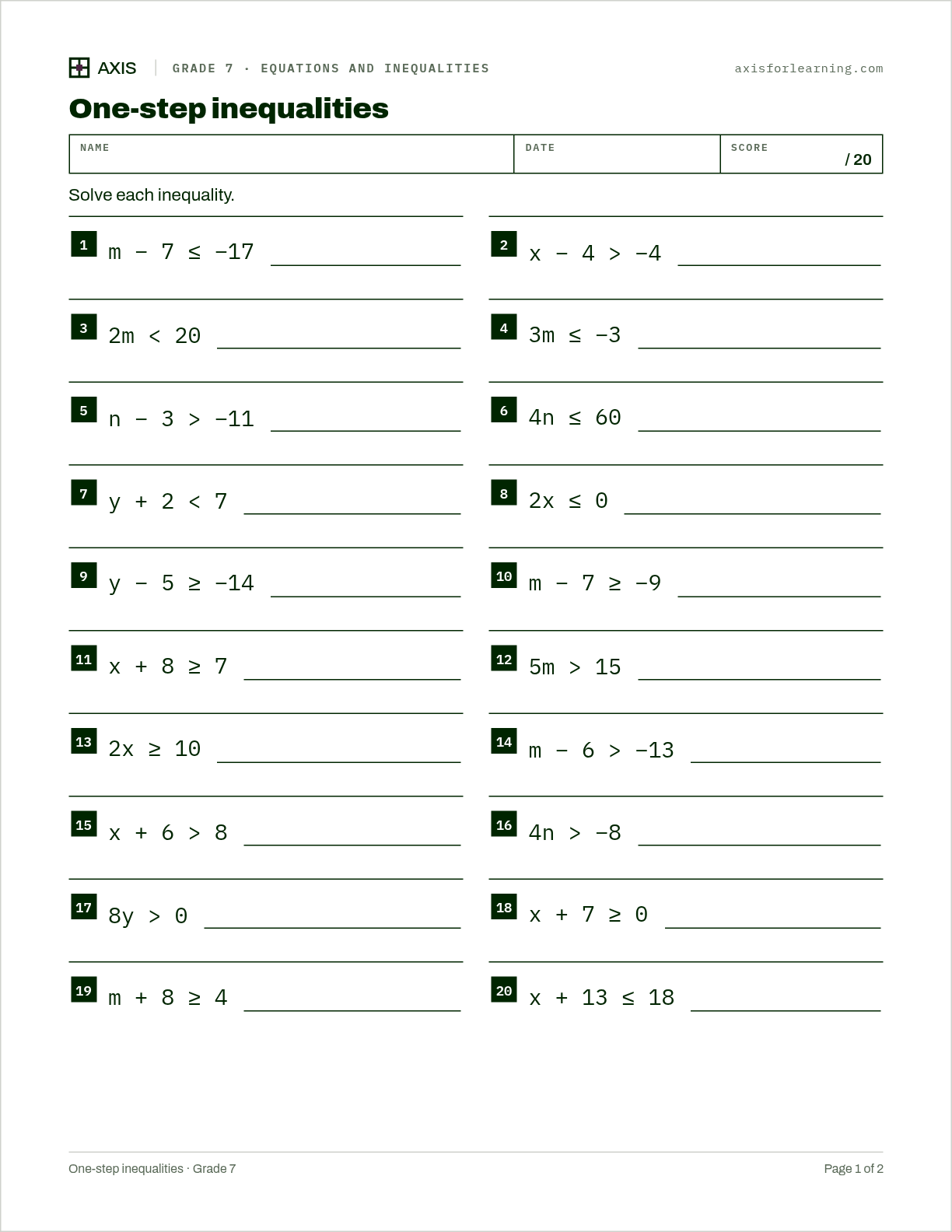 One-step inequalities: first page of the printable worksheet