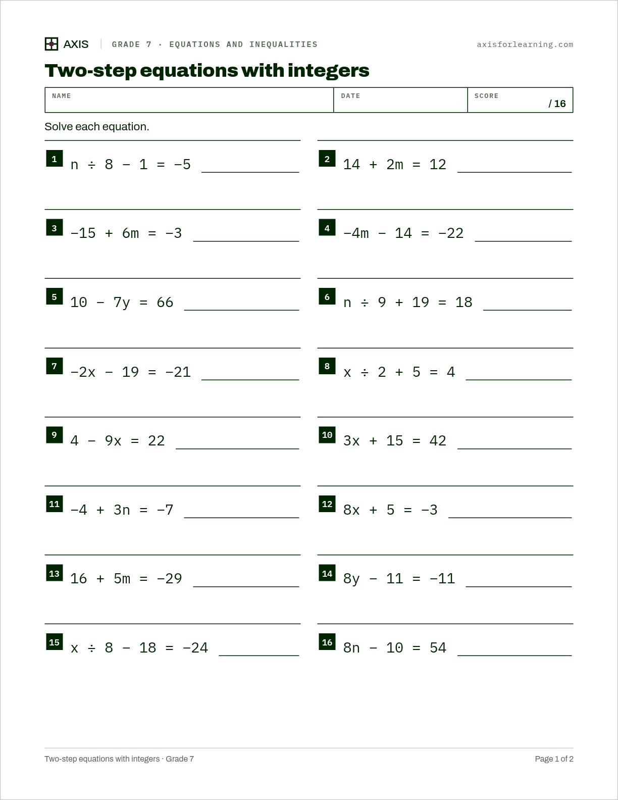 Two-step equations with integers: first page of the printable worksheet