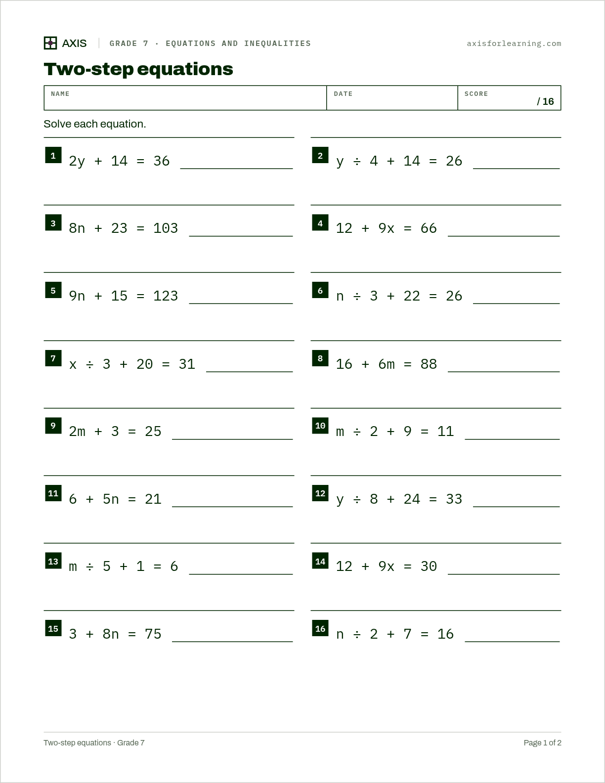 Two-step equations: first page of the printable worksheet