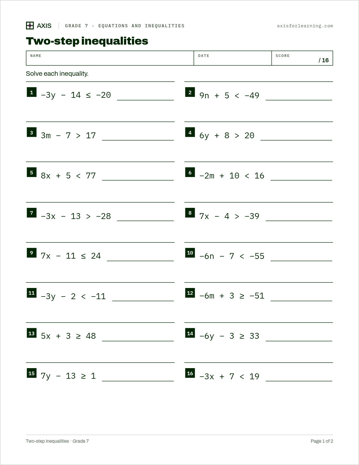 Two-step inequalities: first page of the printable worksheet