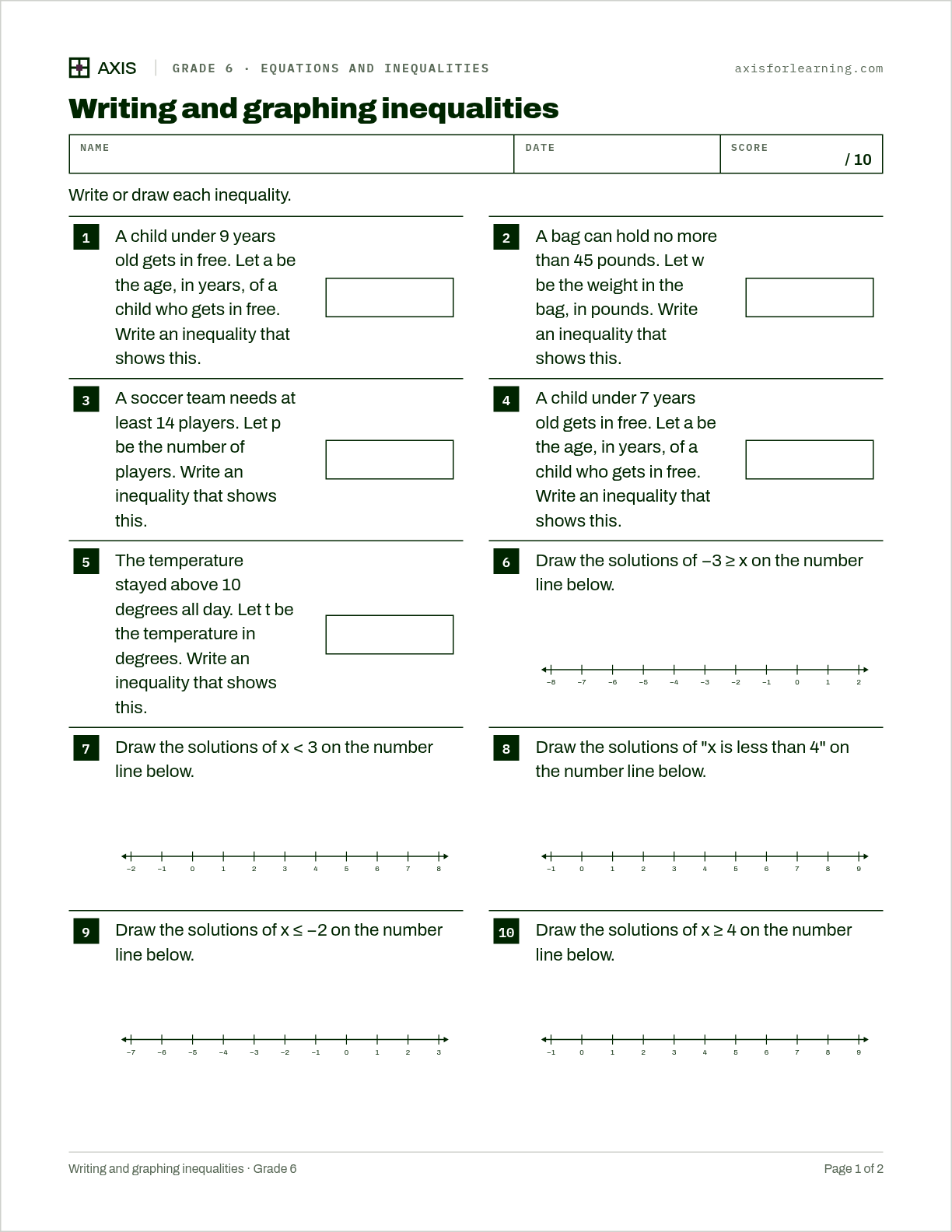 Writing and graphing inequalities: first page of the printable worksheet