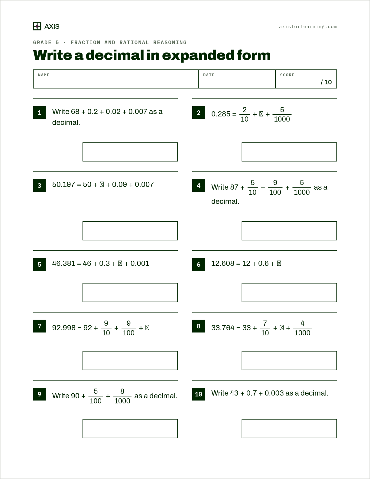 Grade 4 worksheet: Write decimals in expanded form