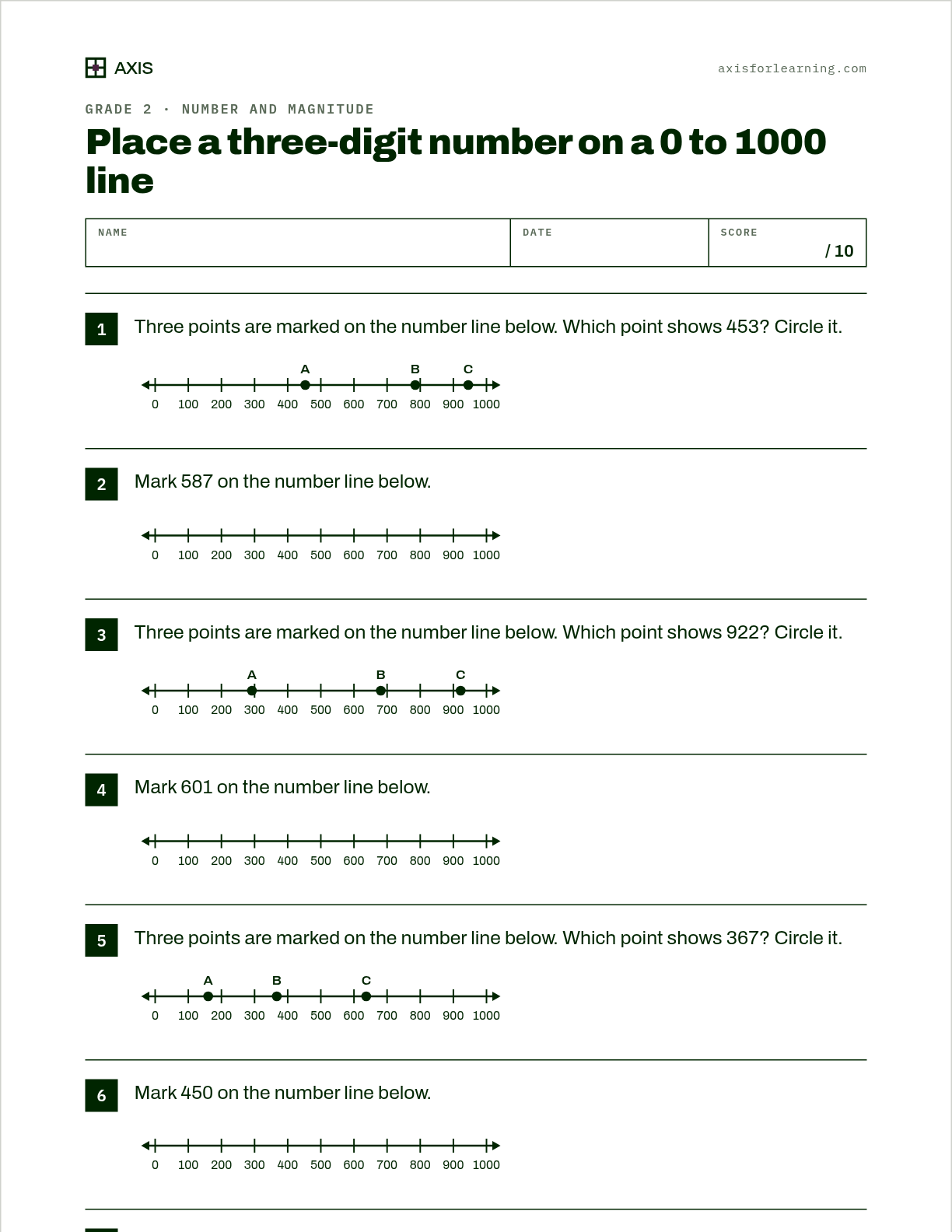 Grade 2 worksheet: Place numbers on a number line