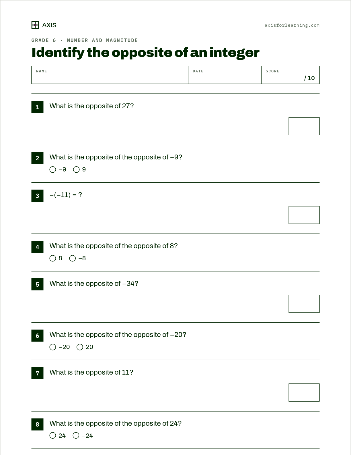 Grade 6 worksheet: Find the opposite of an integer