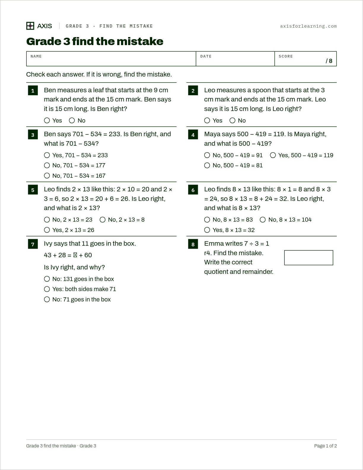 Grade 3 find the mistake: first page of the printable worksheet