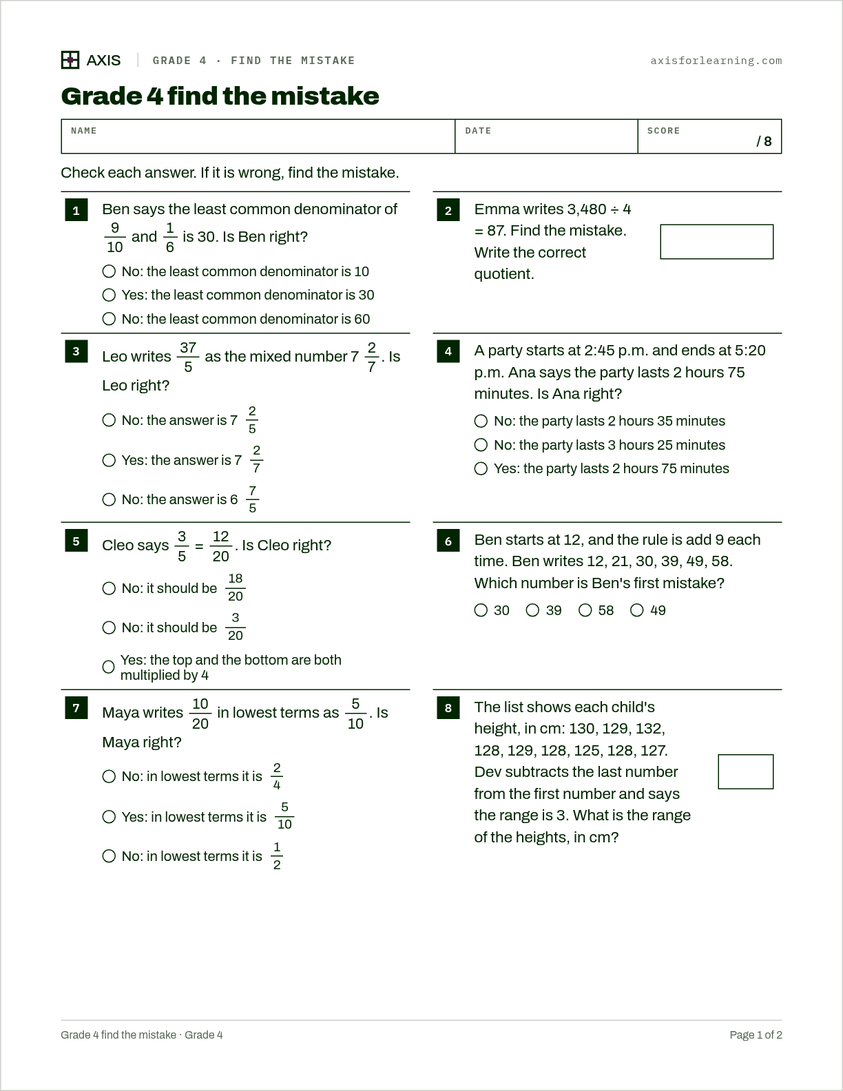 Grade 4 find the mistake: first page of the printable worksheet