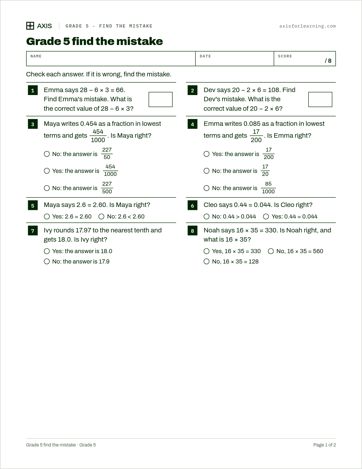 Grade 5 find the mistake: first page of the printable worksheet