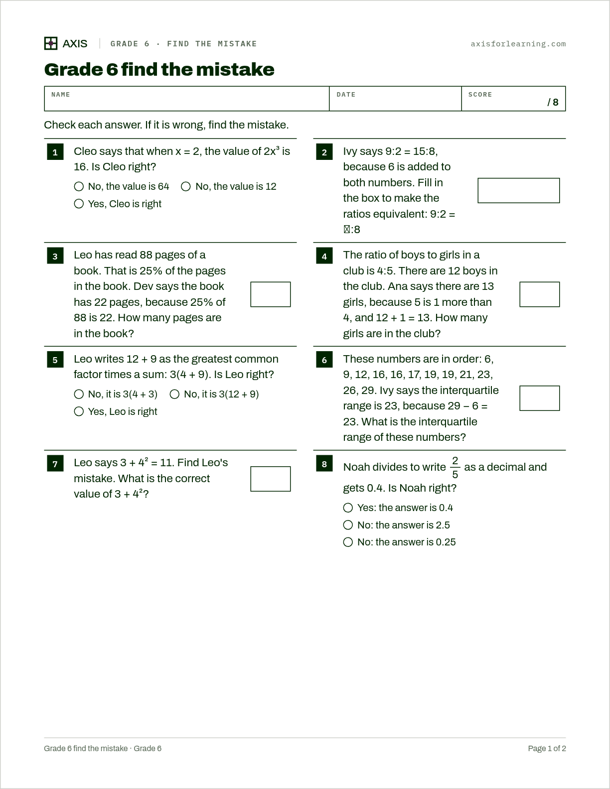 Grade 6 find the mistake: first page of the printable worksheet
