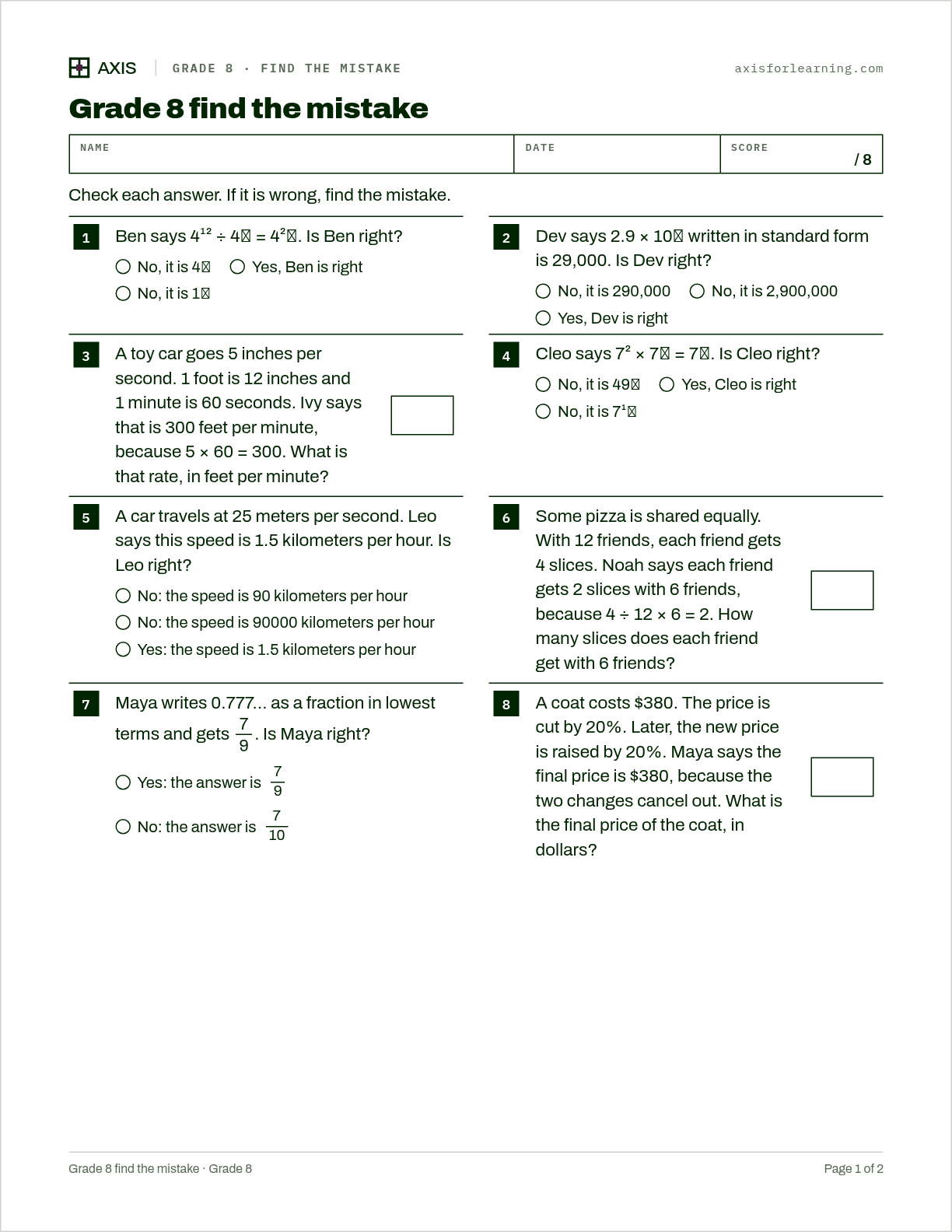 Grade 8 find the mistake: first page of the printable worksheet