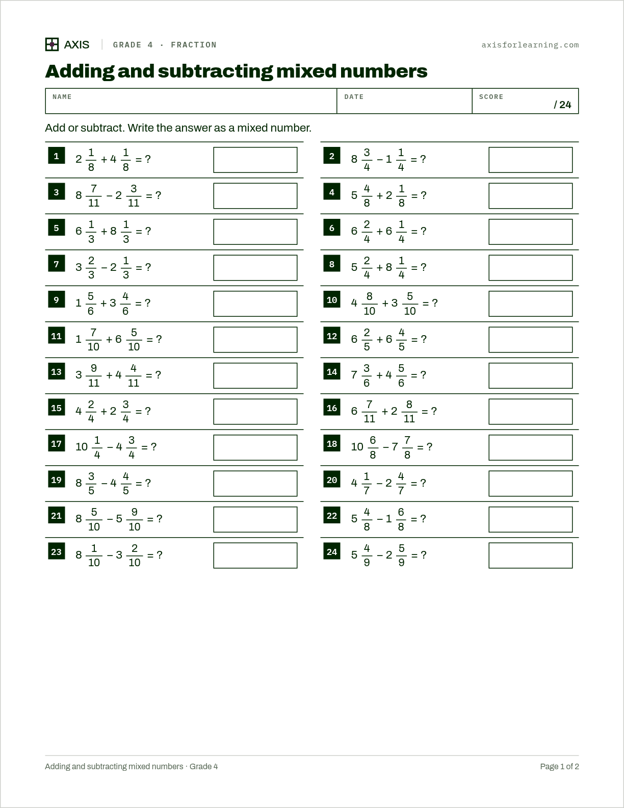 Adding and subtracting mixed numbers: first page of the printable worksheet