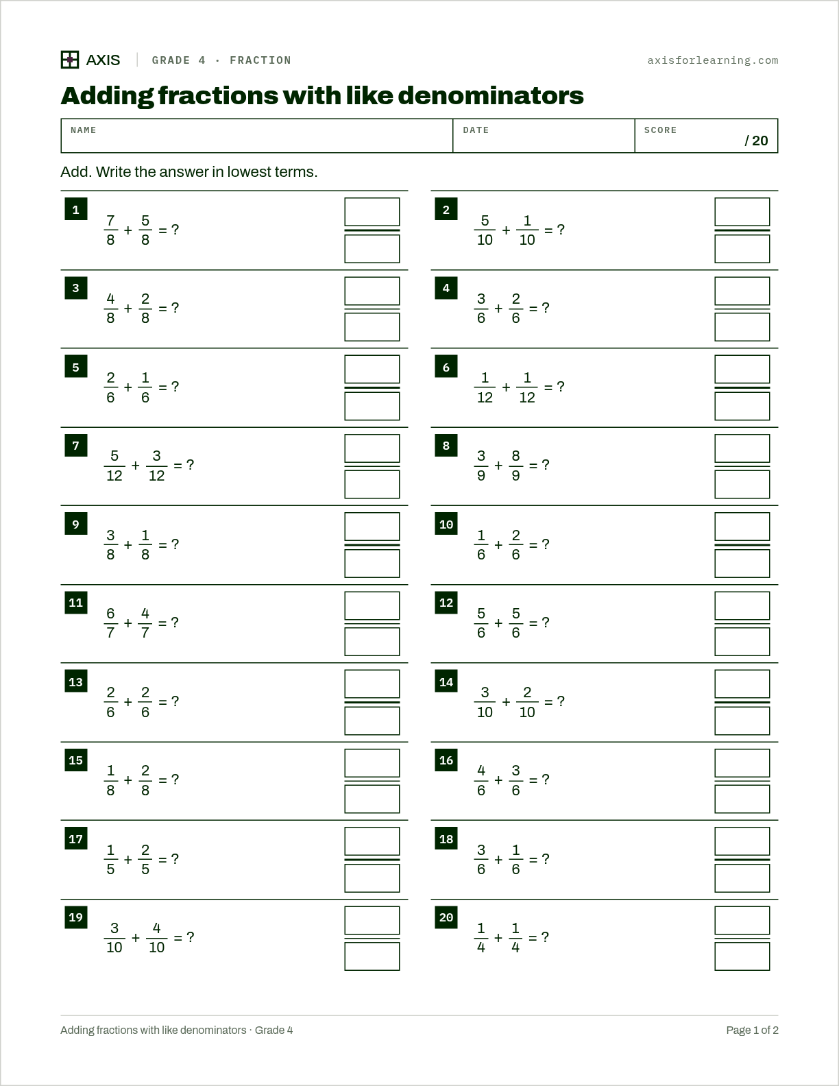 Adding fractions with like denominators: first page of the printable worksheet