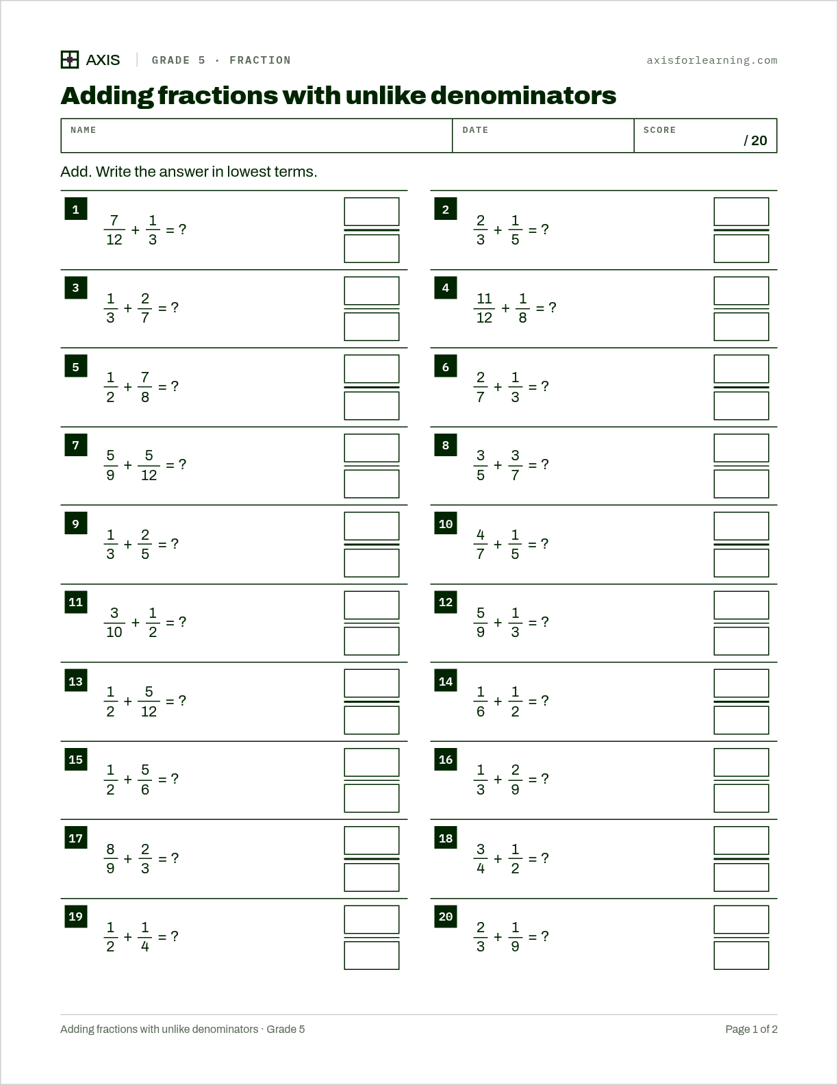 Adding fractions with unlike denominators: first page of the printable worksheet