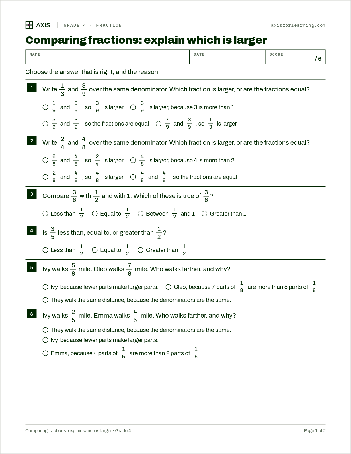 Comparing fractions: explain which is larger: first page of the printable worksheet