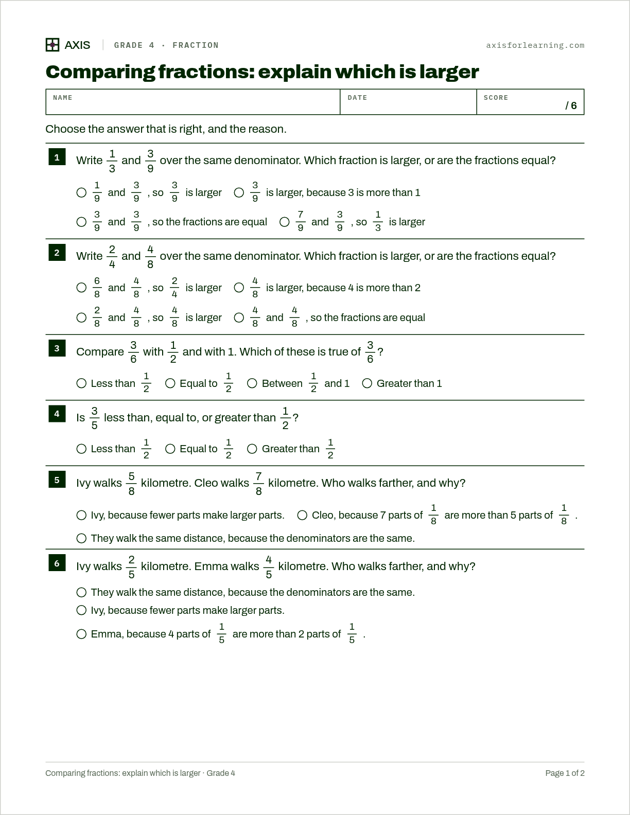 Comparing fractions: explain which is larger: first page of the printable worksheet