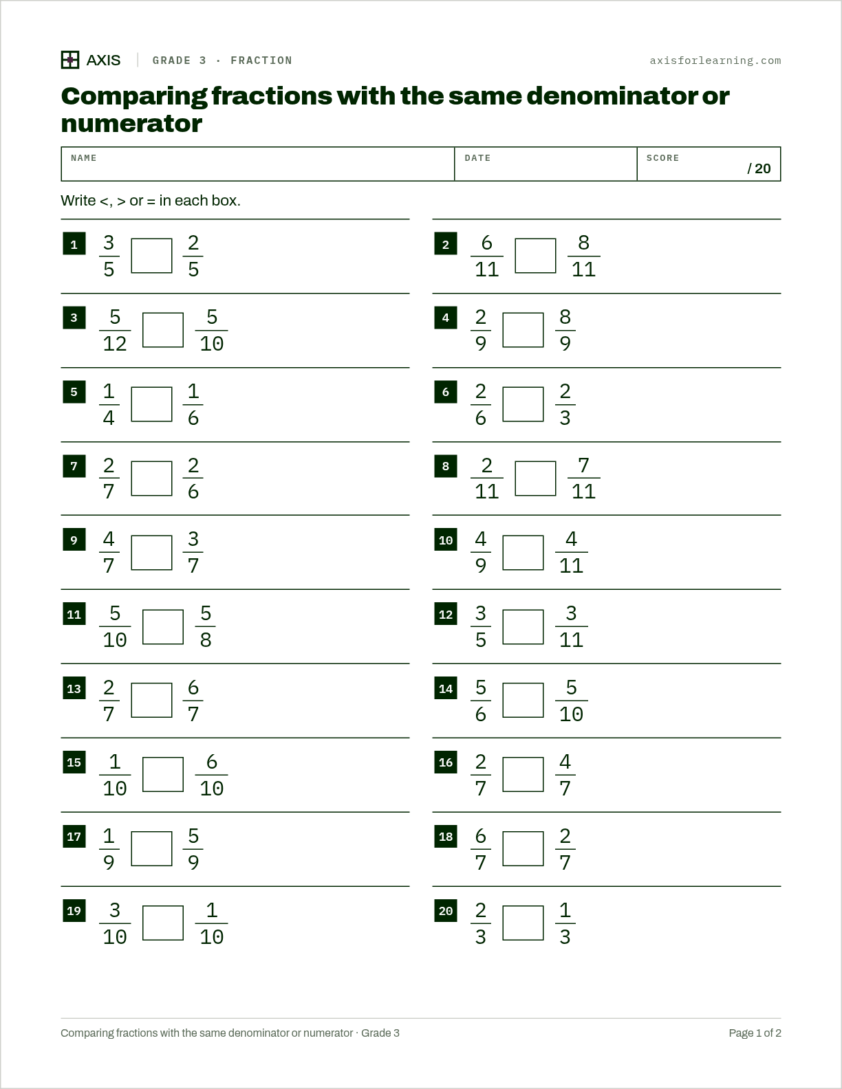 Comparing fractions with the same denominator or numerator: first page of the printable worksheet