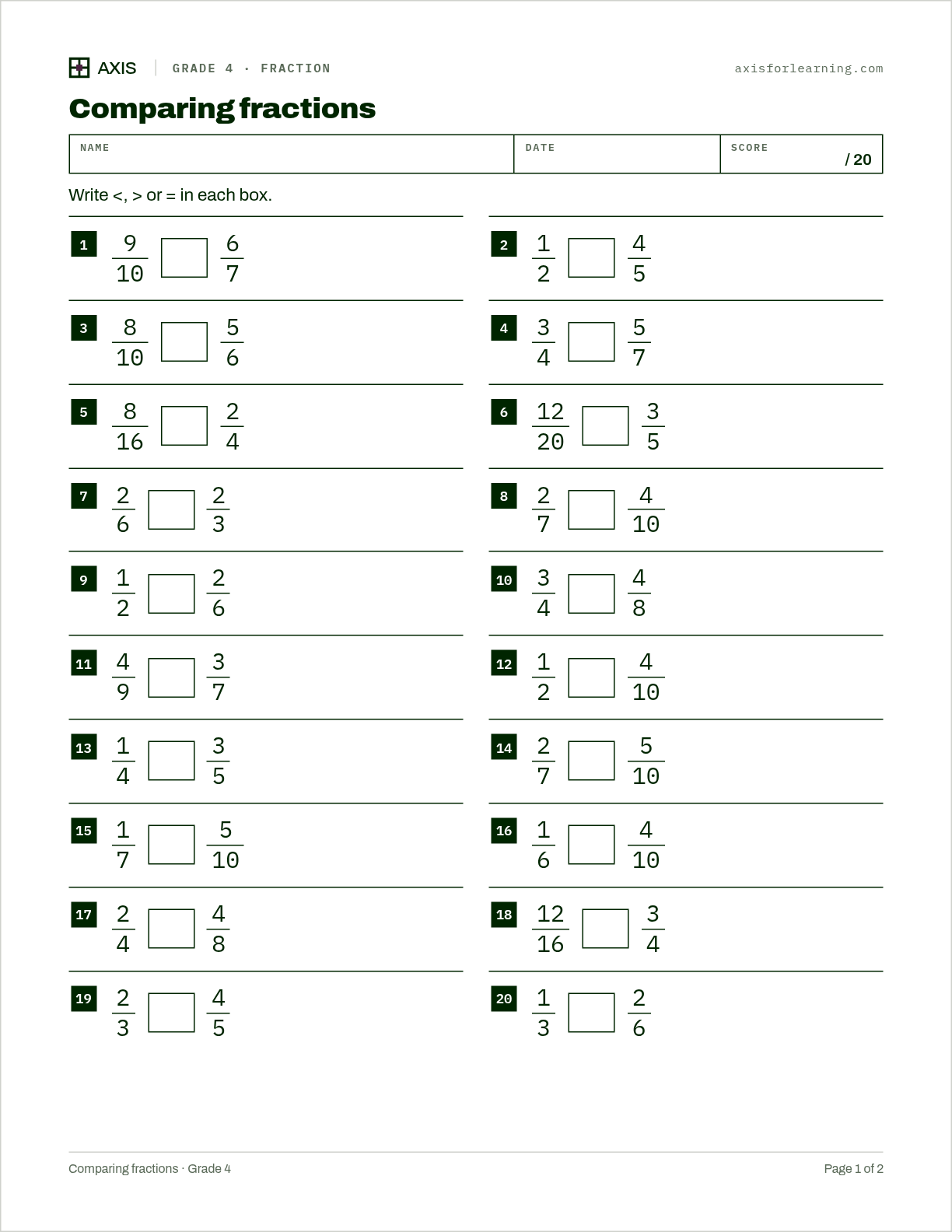 Comparing fractions: first page of the printable worksheet