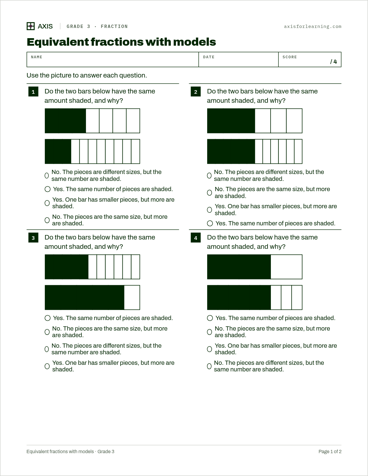 Equivalent fractions with models: first page of the printable worksheet