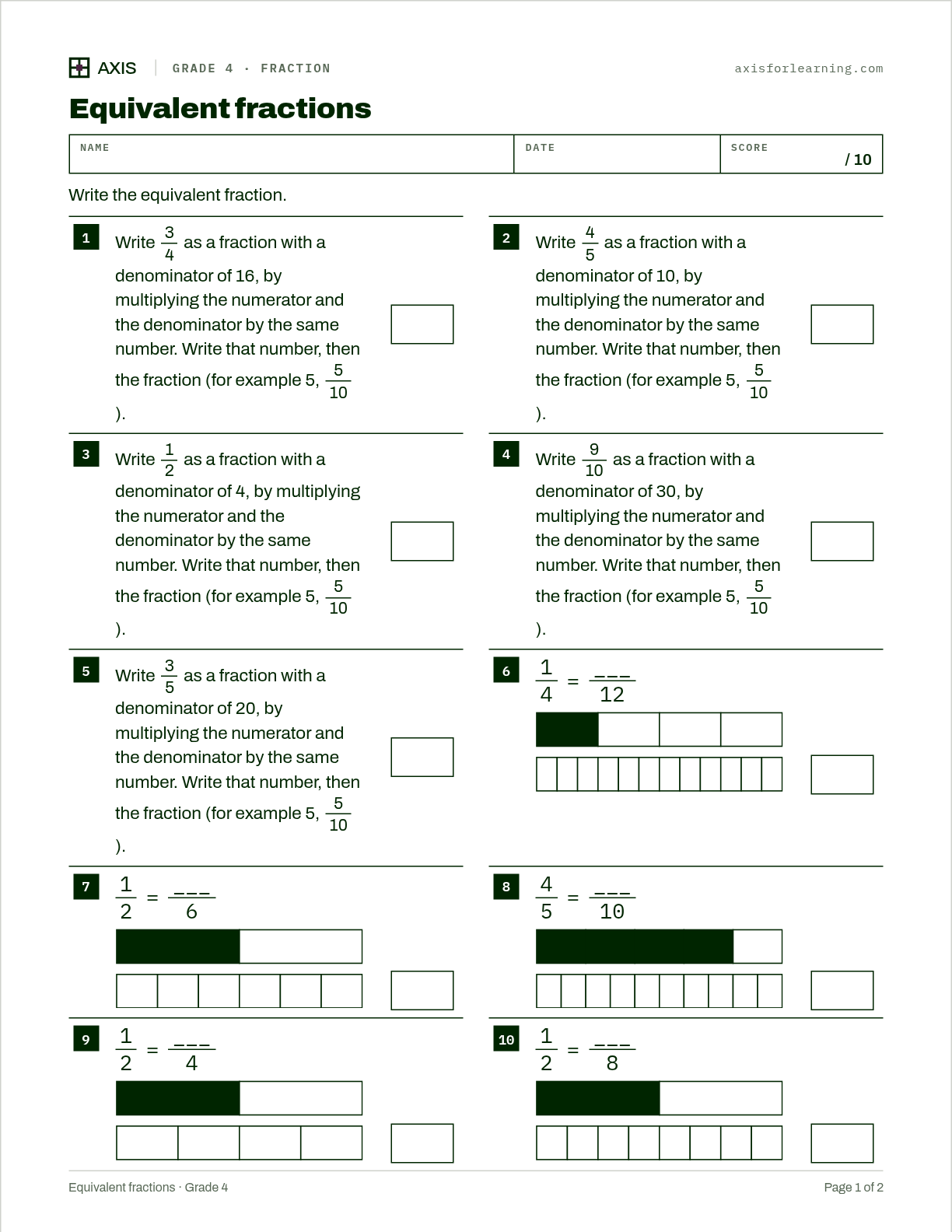 Equivalent fractions: first page of the printable worksheet