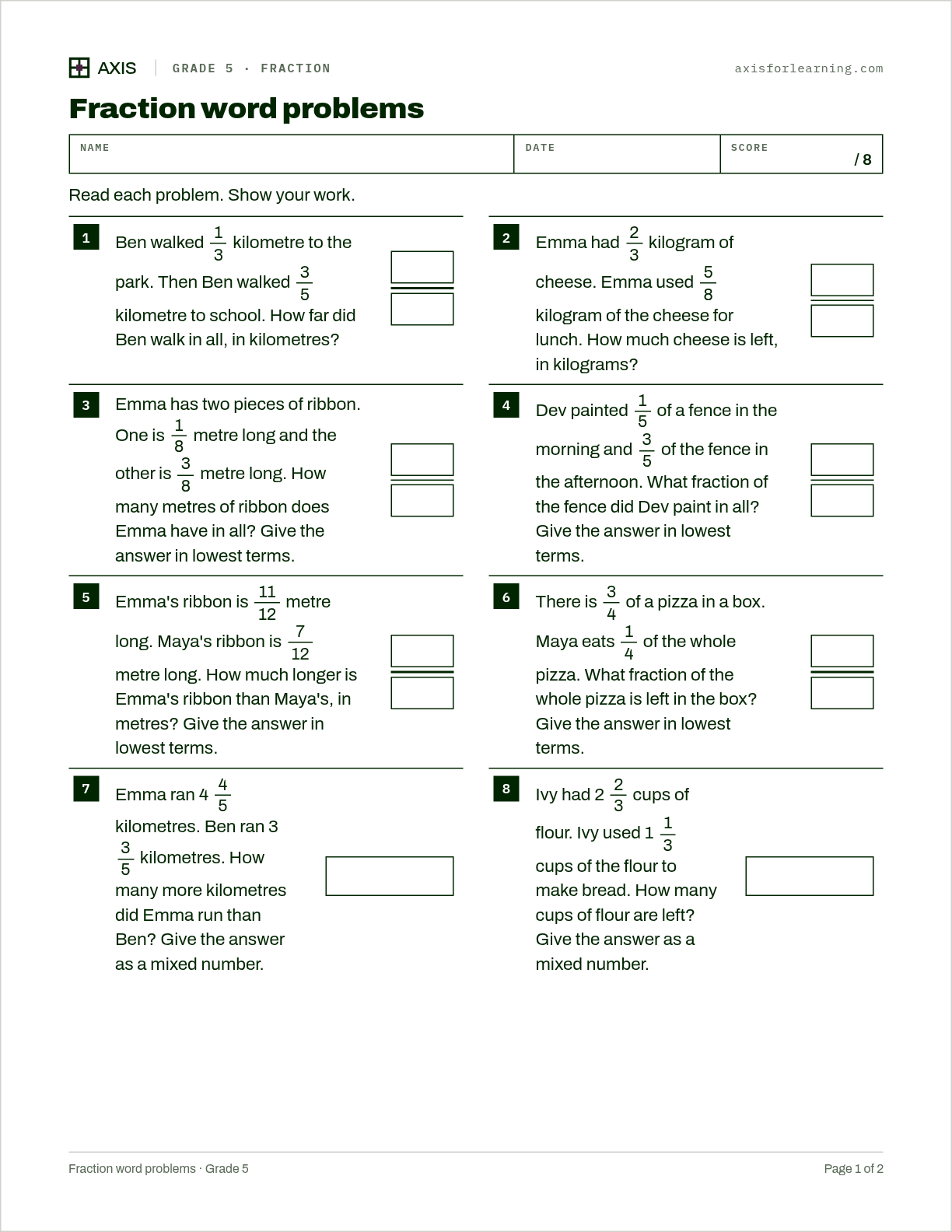 Fraction word problems: first page of the printable worksheet