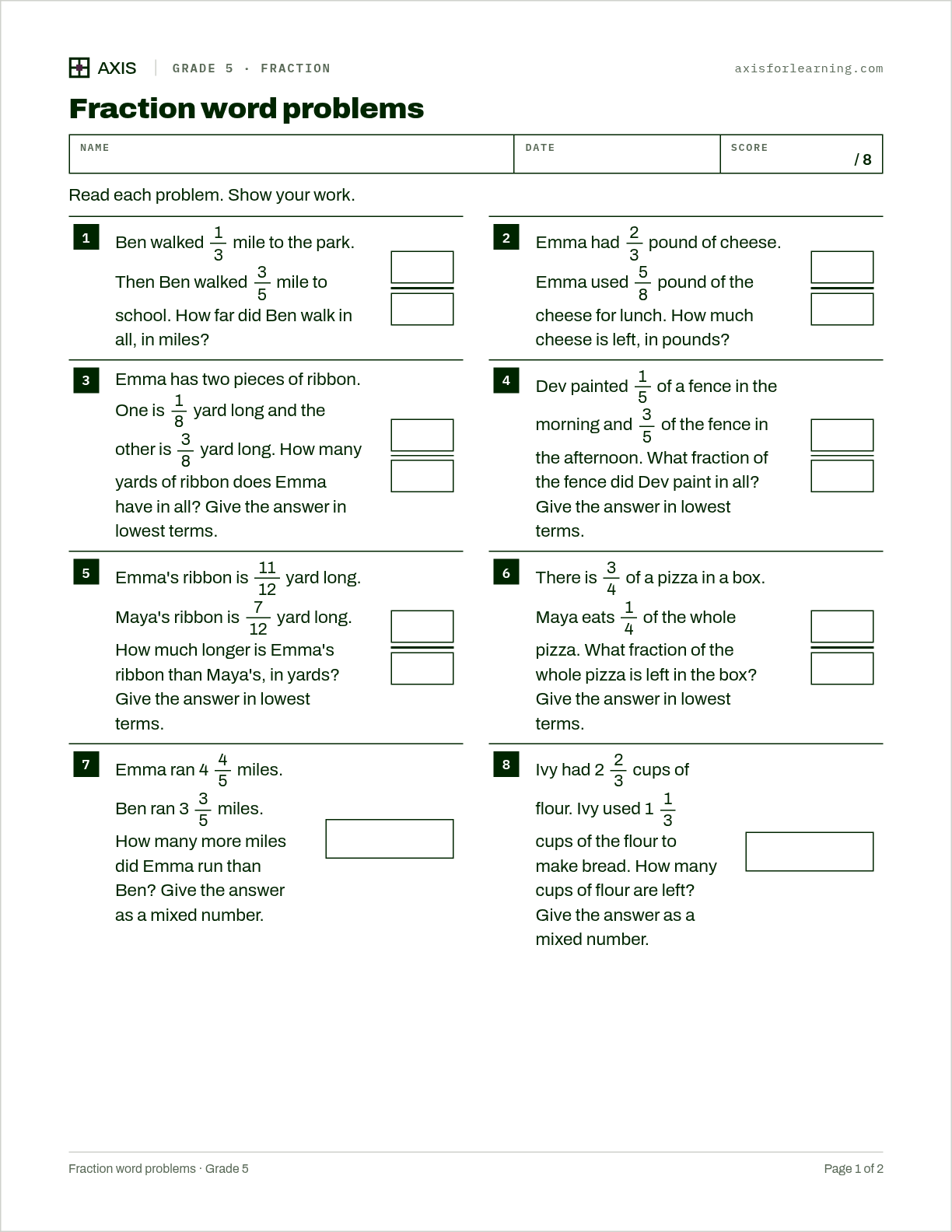 Fraction word problems: first page of the printable worksheet