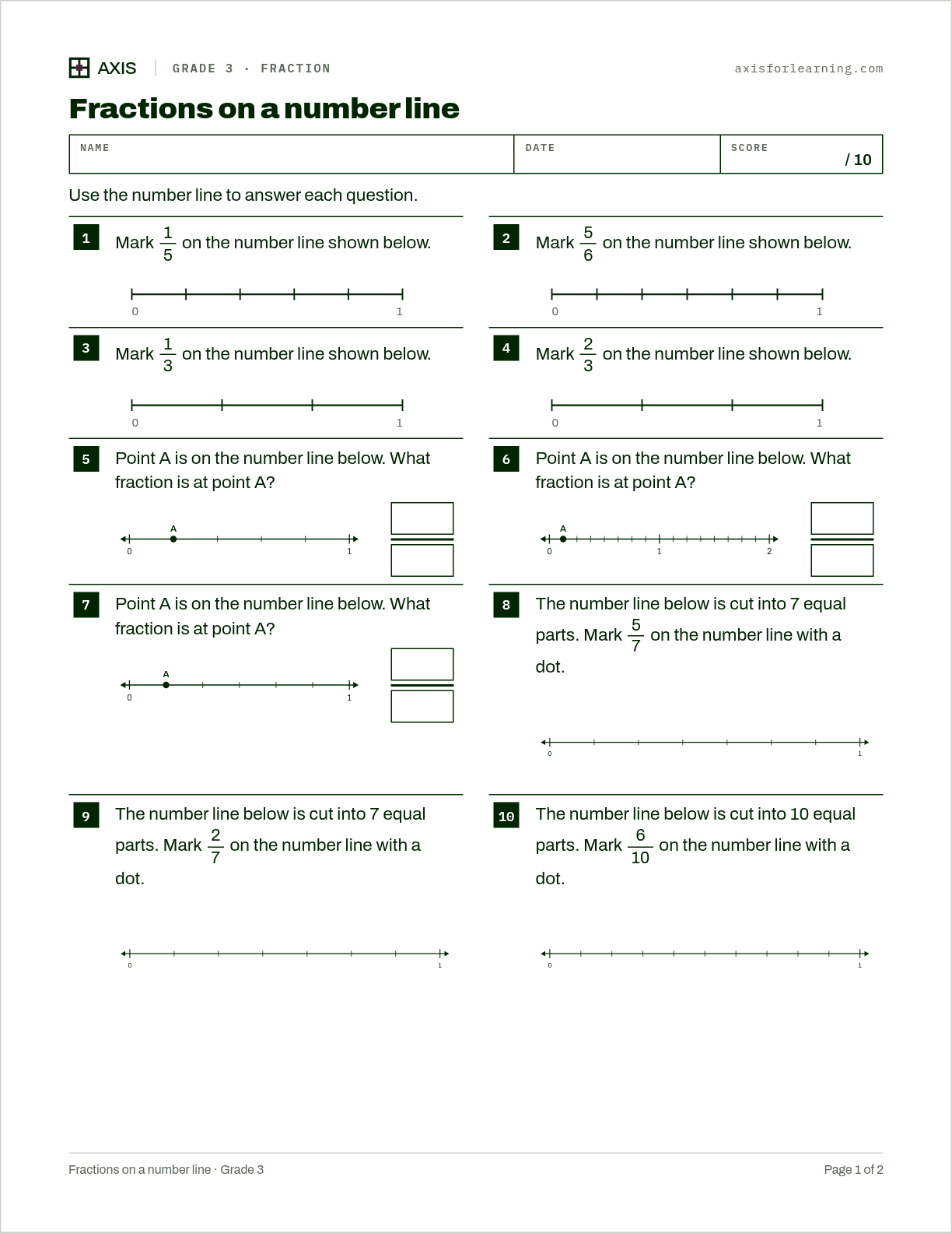 Fractions on a number line: first page of the printable worksheet