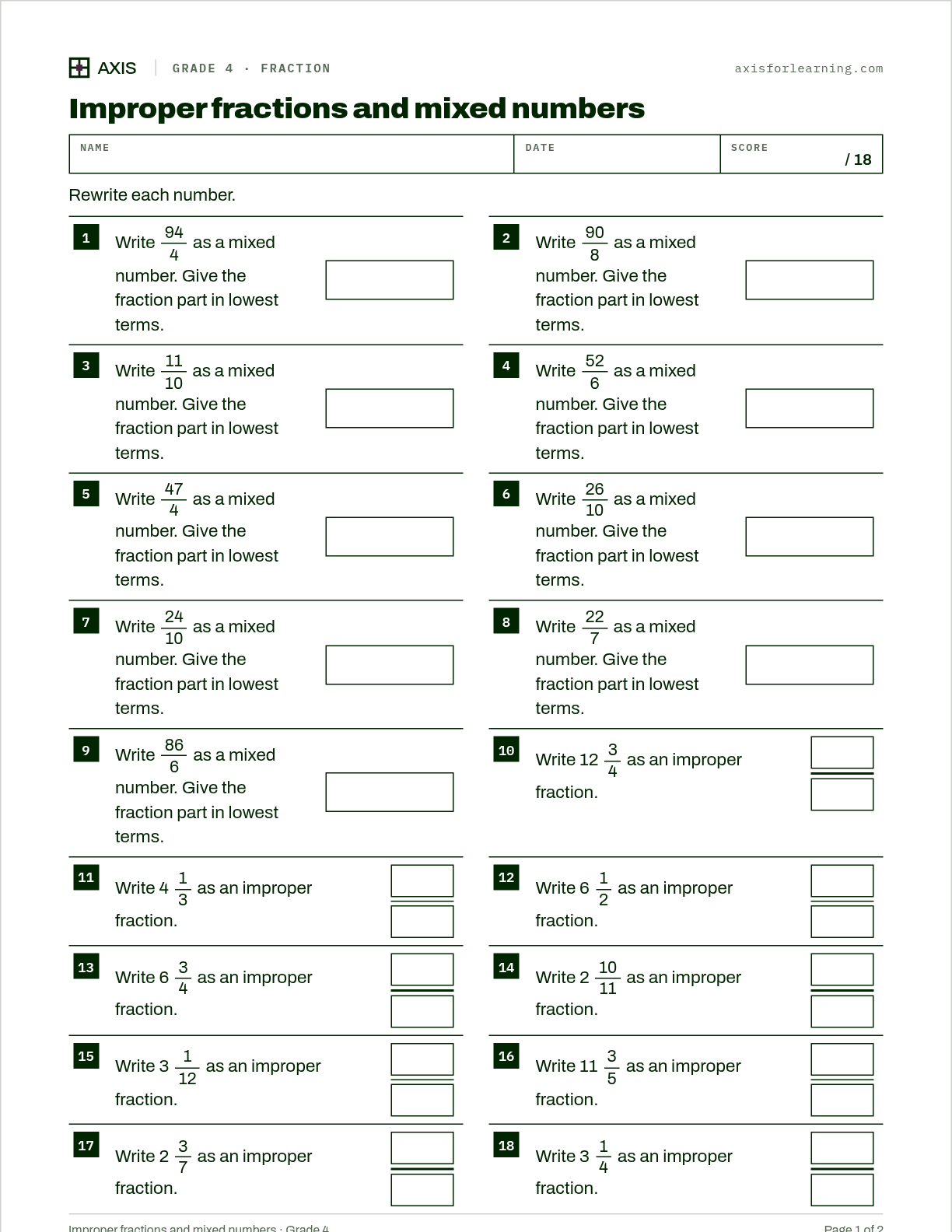 Improper fractions and mixed numbers: first page of the printable worksheet