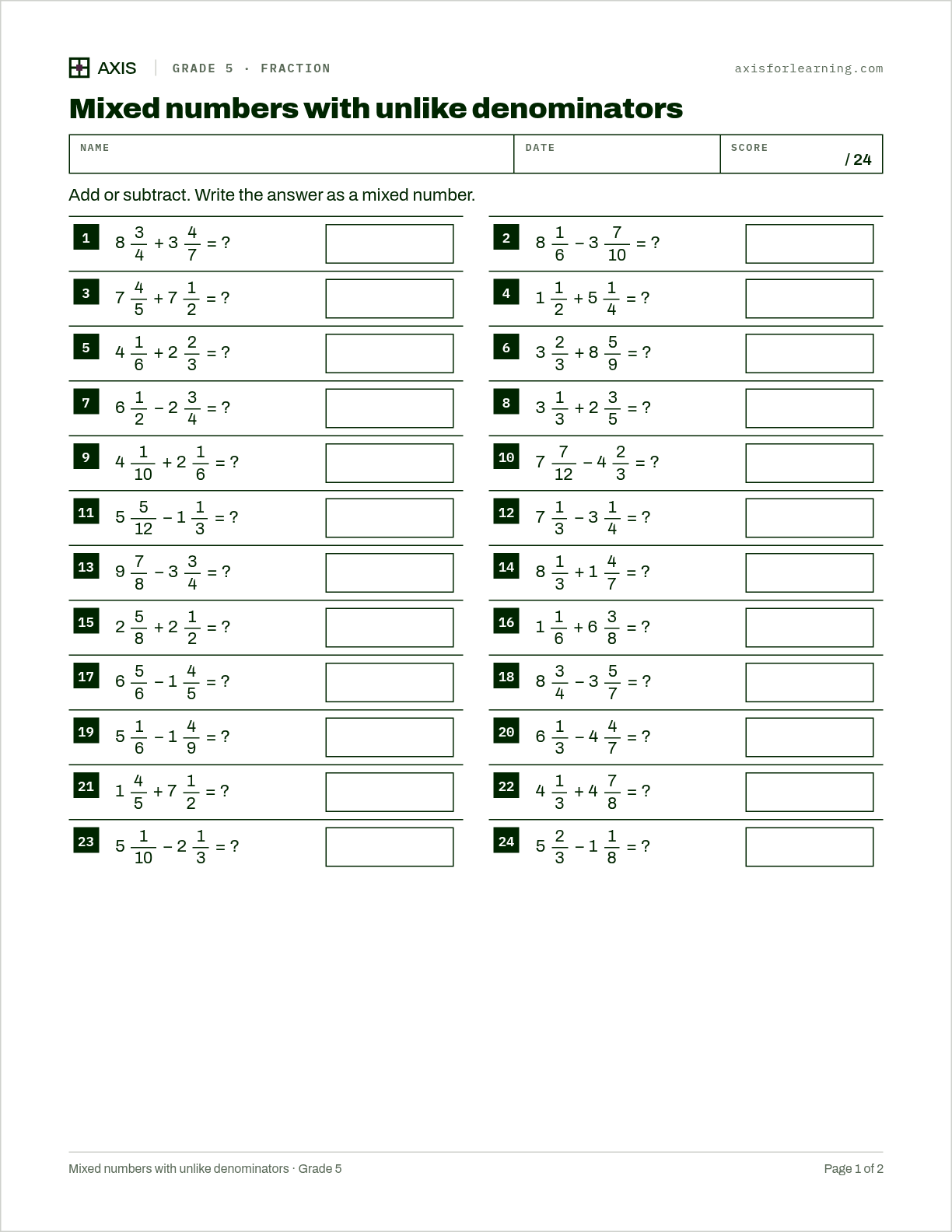 Mixed numbers with unlike denominators: first page of the printable worksheet