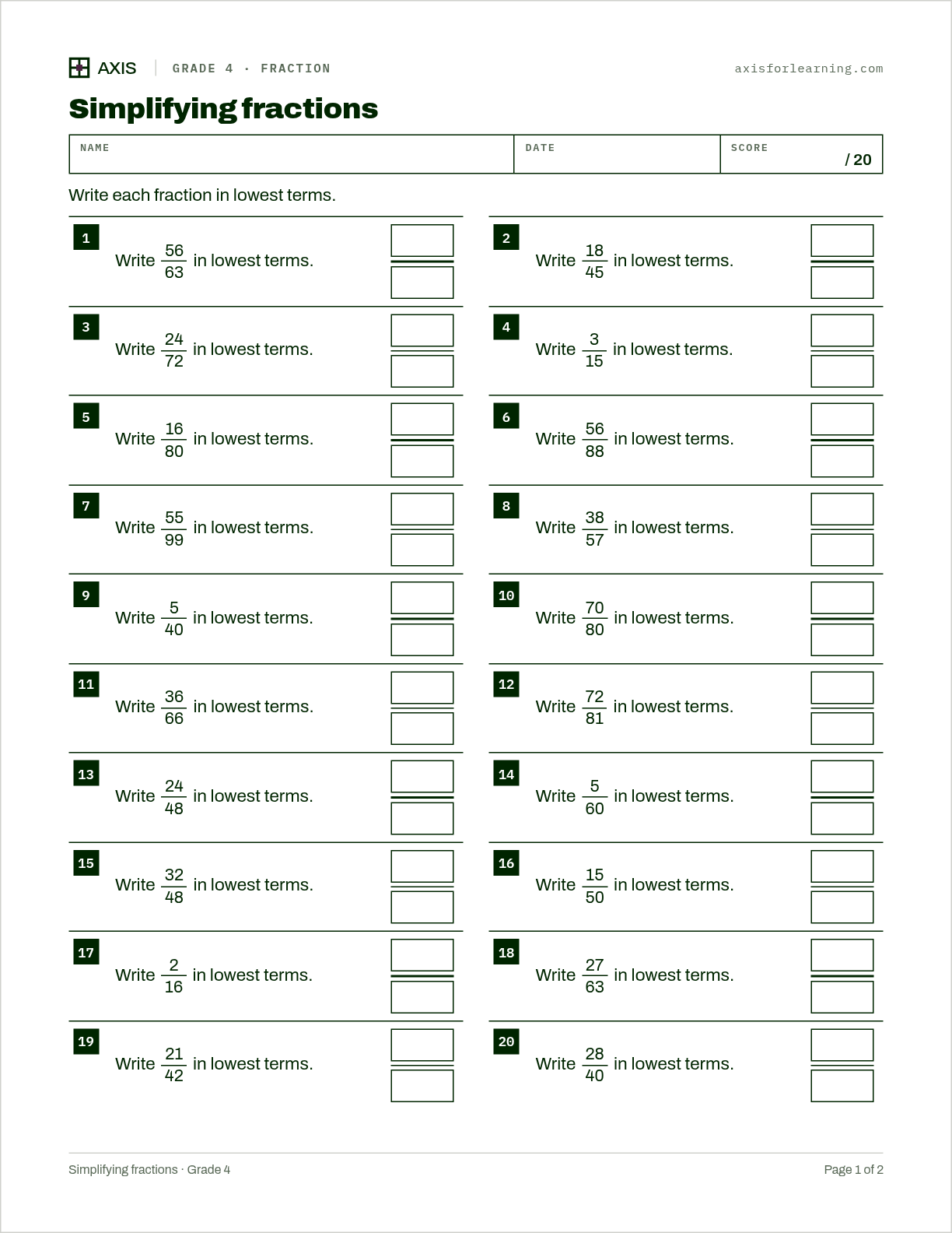 Simplifying fractions: first page of the printable worksheet