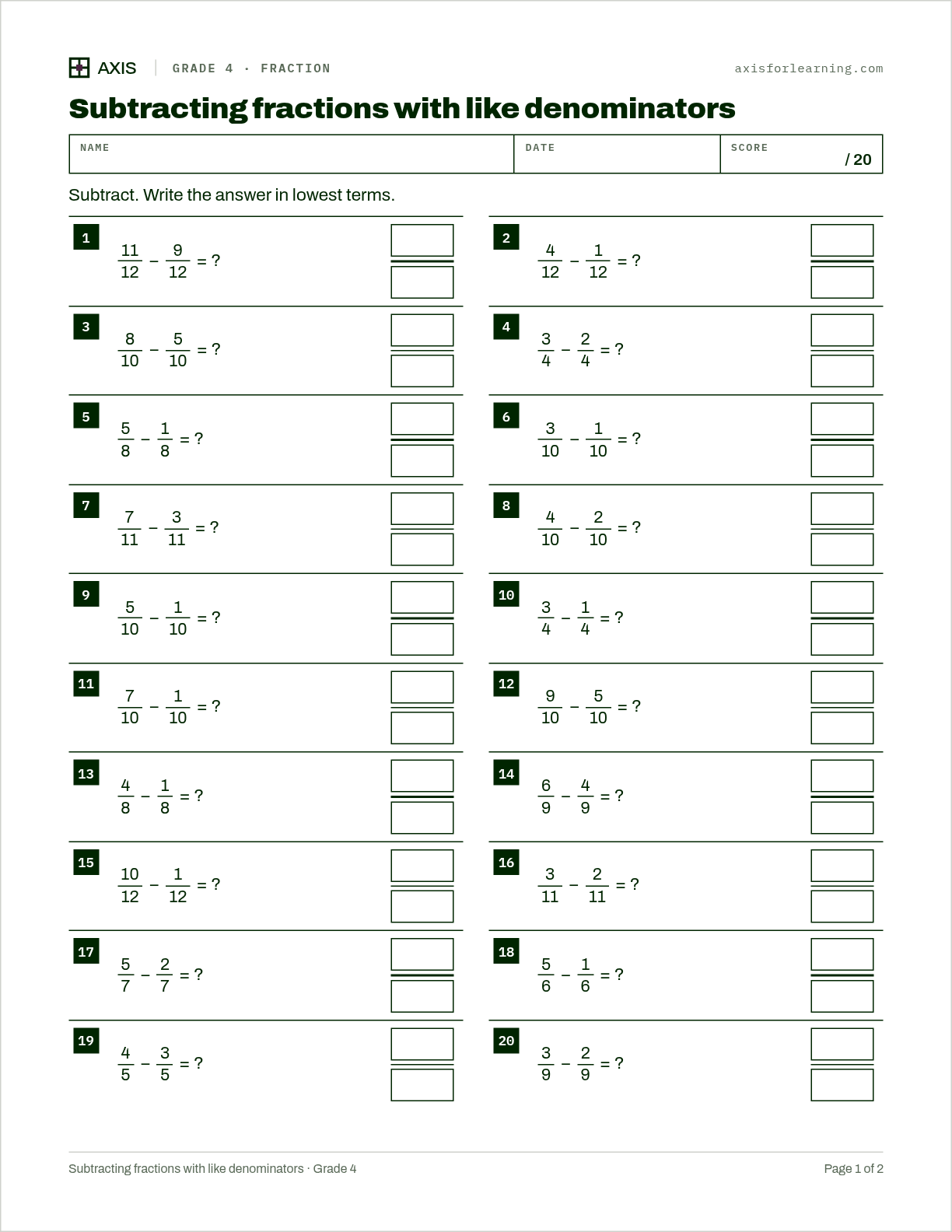 Subtracting fractions with like denominators: first page of the printable worksheet